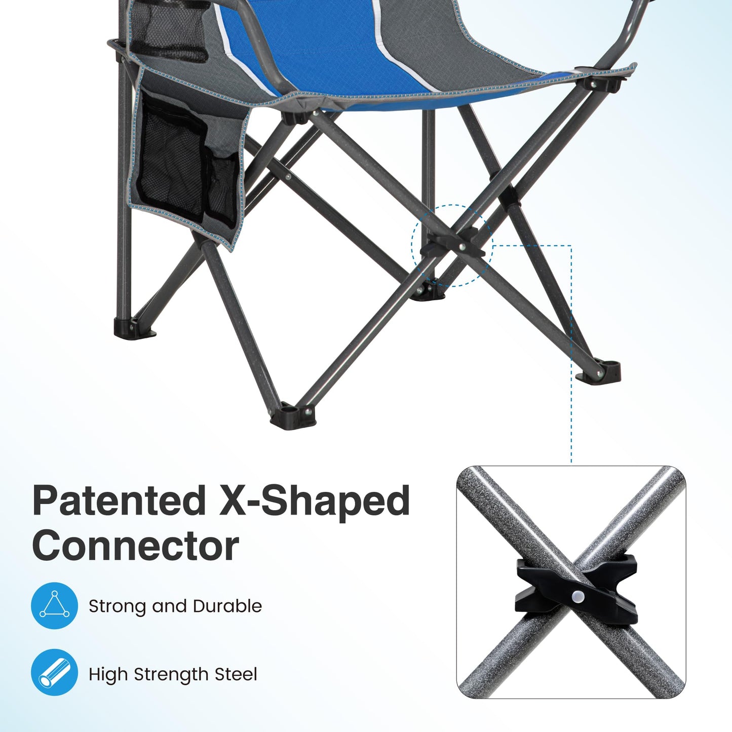 LET'S CAMP Oversized Outdoor Folding Camping Chair, 2 Pack Heavy Duty Arm Chairs with Cup Holder and Storage Bag, 350 LBS Weight Capacity, Blue