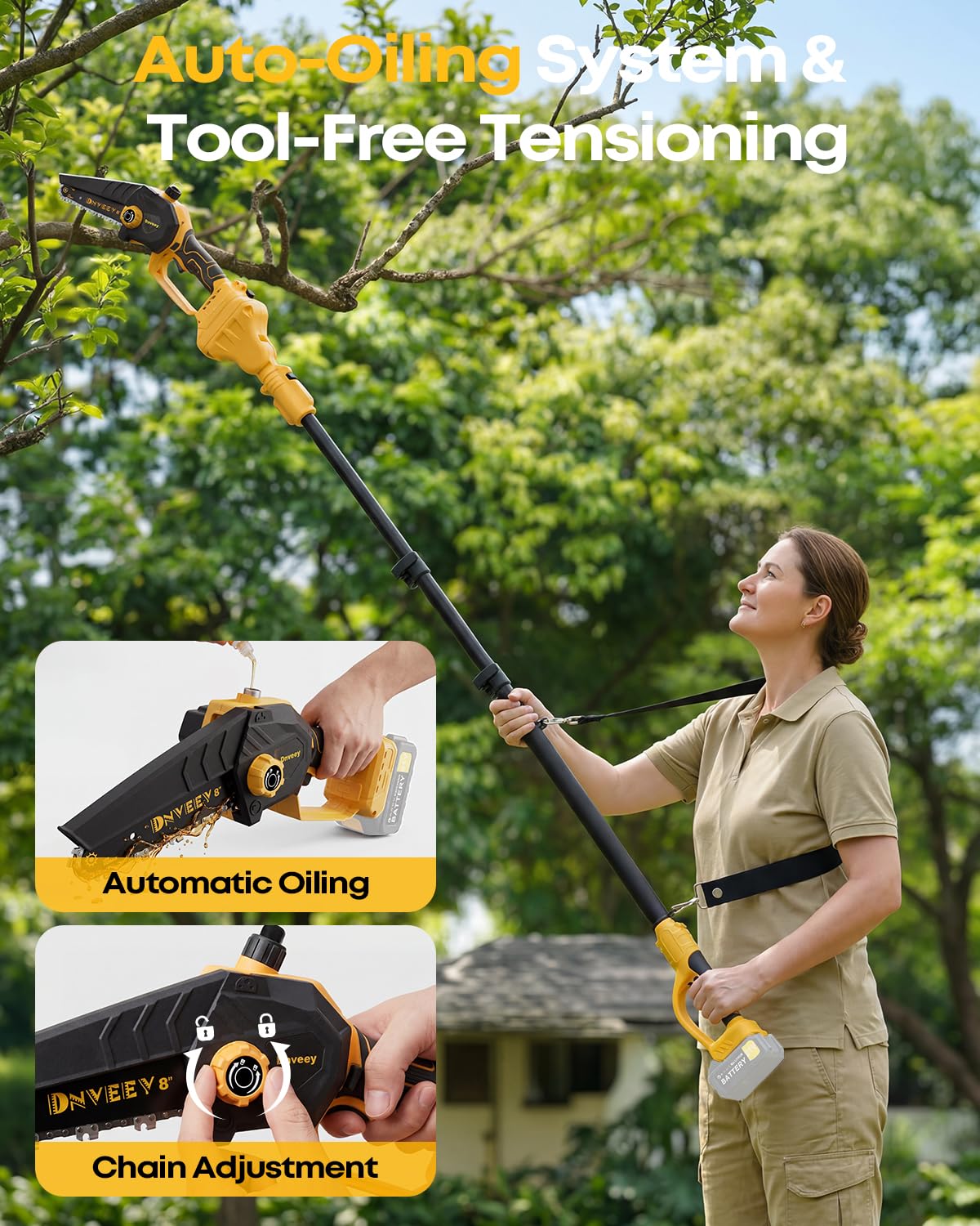 Dnveey 8-Inch Cordless Pole Saw for Tree Trimming, Compatible with DeWalt 20V Max, 15.6FT Extendable 2-in-1 Mini Chainsaw & Tree Trimmer, 800W Brushless [Tool Only - No Battery]