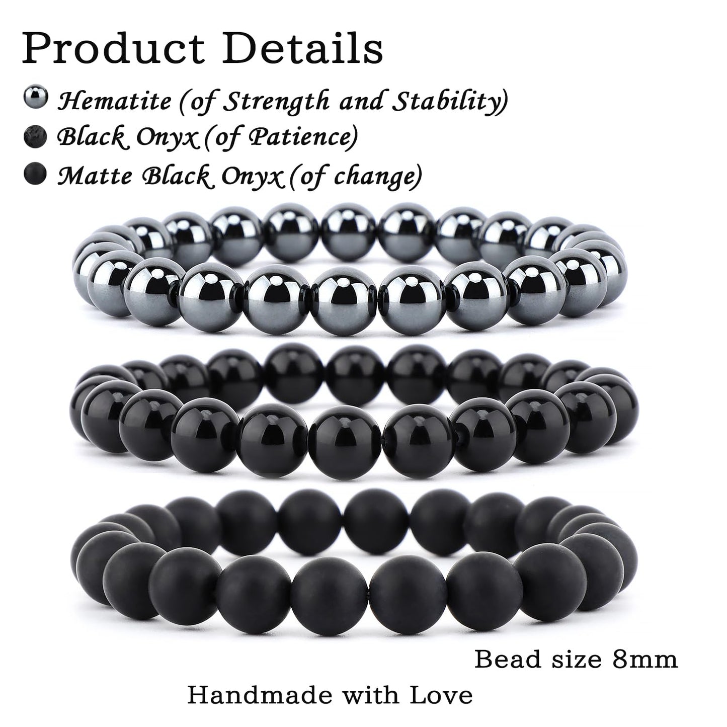 NCB 3-Piece 8mm Natural Crystal Gemstone Stretch Bracelets – ﻿Black Onyx, Hematite, Matte Black Agate Handmade Reiki Energy Healing Jewelry for Meditation,Yoga, Unisex