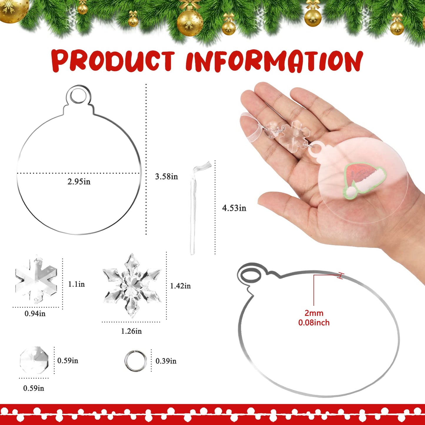 24 Pack Christmas Tree Ornaments Set - 3 Inch Clear Acrylic Flat Disc Ornaments DIY Christmas Crafts with Transparent Crystal Snowflakes for Xmas Winter New Year Party Hanging Decorations