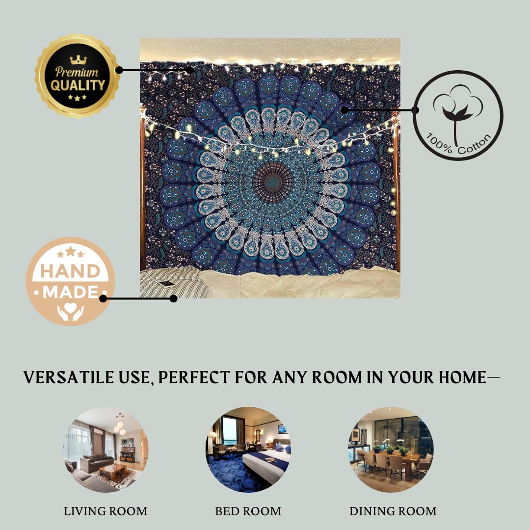 Bless International Indian-hippie-gypsy Bohemian-psychedelic Cotton-mandala Wall-hanging-tapestry-multi-color Large-mandala Hippie-tapestry (Golden Blue, King (88x104Inches)(225x265Cms))