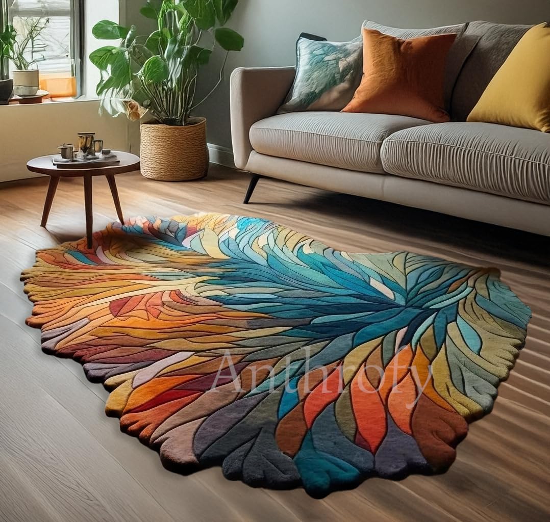Anthrofy Irregular Shape Wool Area Rug – Multicolor 4’ x 6' – Handmade - Unique Botanical Design – Thick & Soft Rugs for Living Room, Bedroom –Non-Slip Backing with 100% Cotton