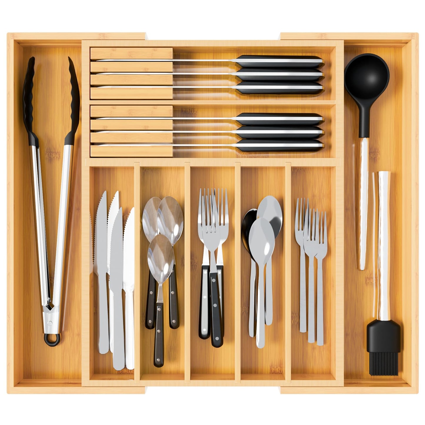 Dunruz Bamboo Expandable Drawer Organizer for Kitchen Utensils, Adjustable Silverware Tray with 9 Deep Slots for Large Spoons & Knives, Natural Wood Flatware Caddy for Cutlery Storage (Fits 13"-20")
