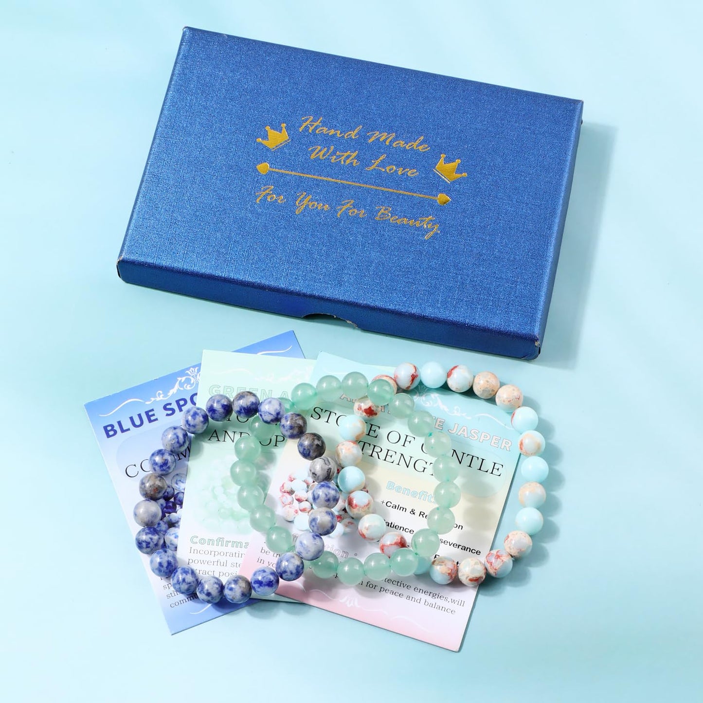 NCB 3-Piece 8mm Natural Crystal Gemstone Stretch Bracelets – ﻿Agalmatolite Jasper, Blue Spot, Green Aventurine Handmade Reiki Energy Healing Jewelry for Meditation,Yoga, Unisex