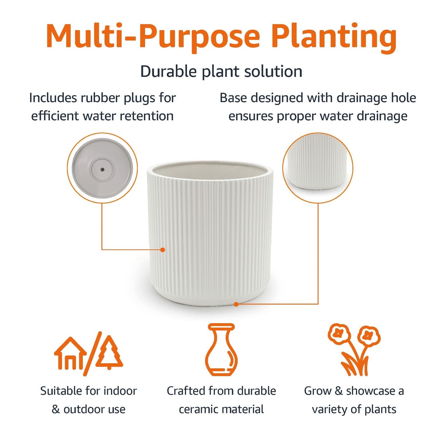 Amazon Basics Fluted Ceramic Round Planter with Drainage Hole, Indoor Outdoor Flower Pot, 10-inch, White