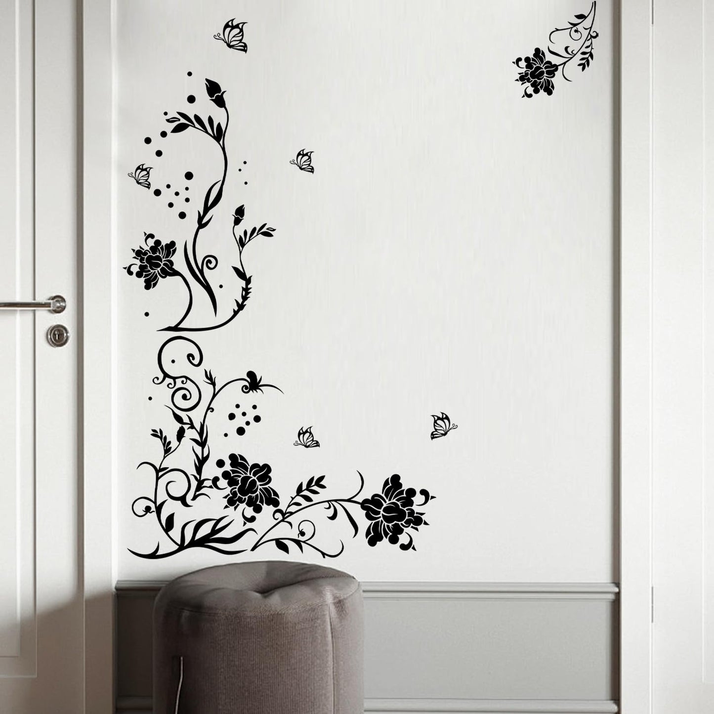 Supzone Flowers & Butterflies Wall Decals - DIY Black & Floral Wall Stickers for Bedrooms & Living Rooms