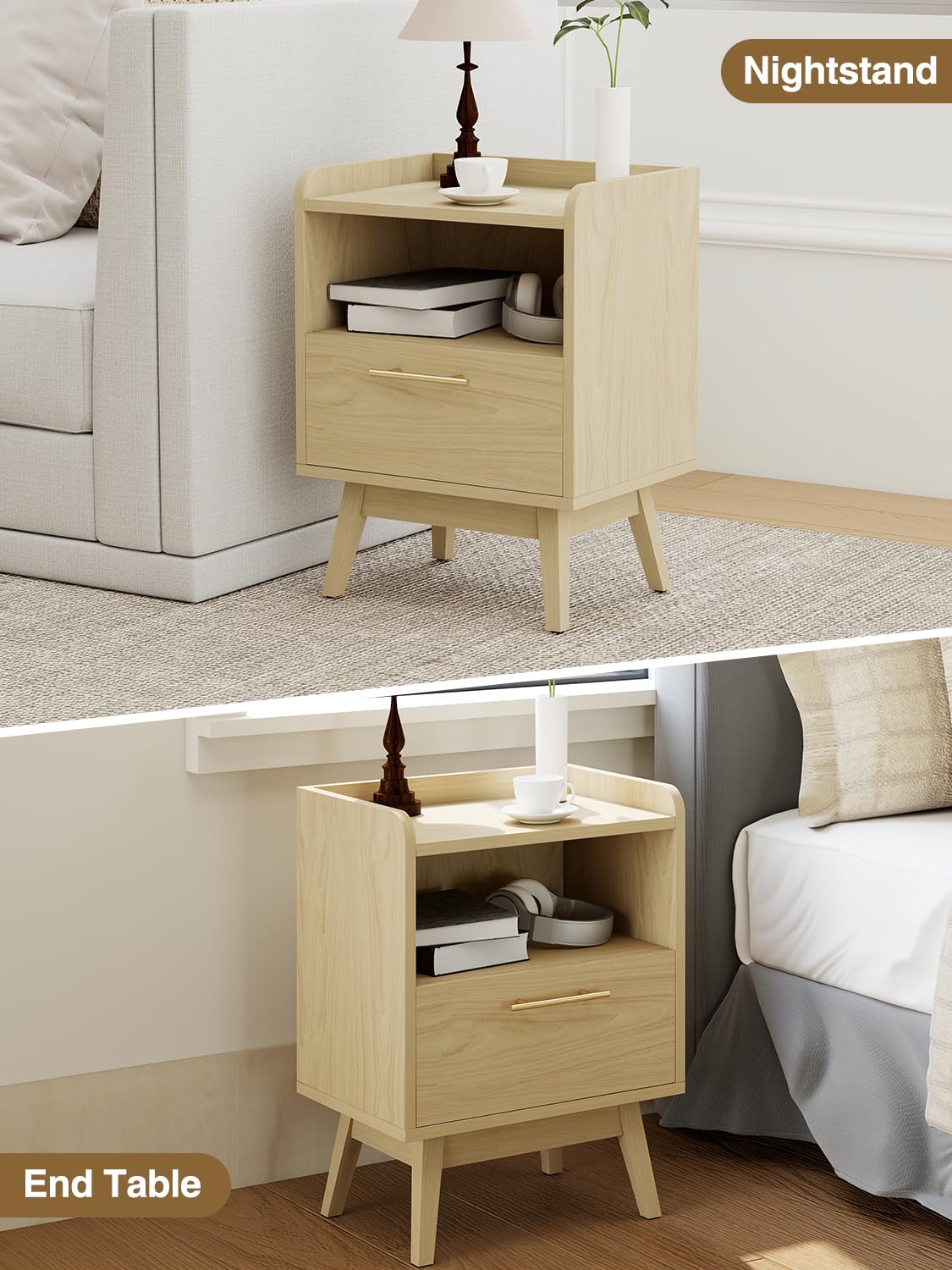 Favoduerme Night Stand with Drawer & Open Storage Shelf, Small Wooden Nightstand with Raised Edge, Mid Century Modern Side Table with Solid Wood Feet, Metal Handle for Bedroom Natural