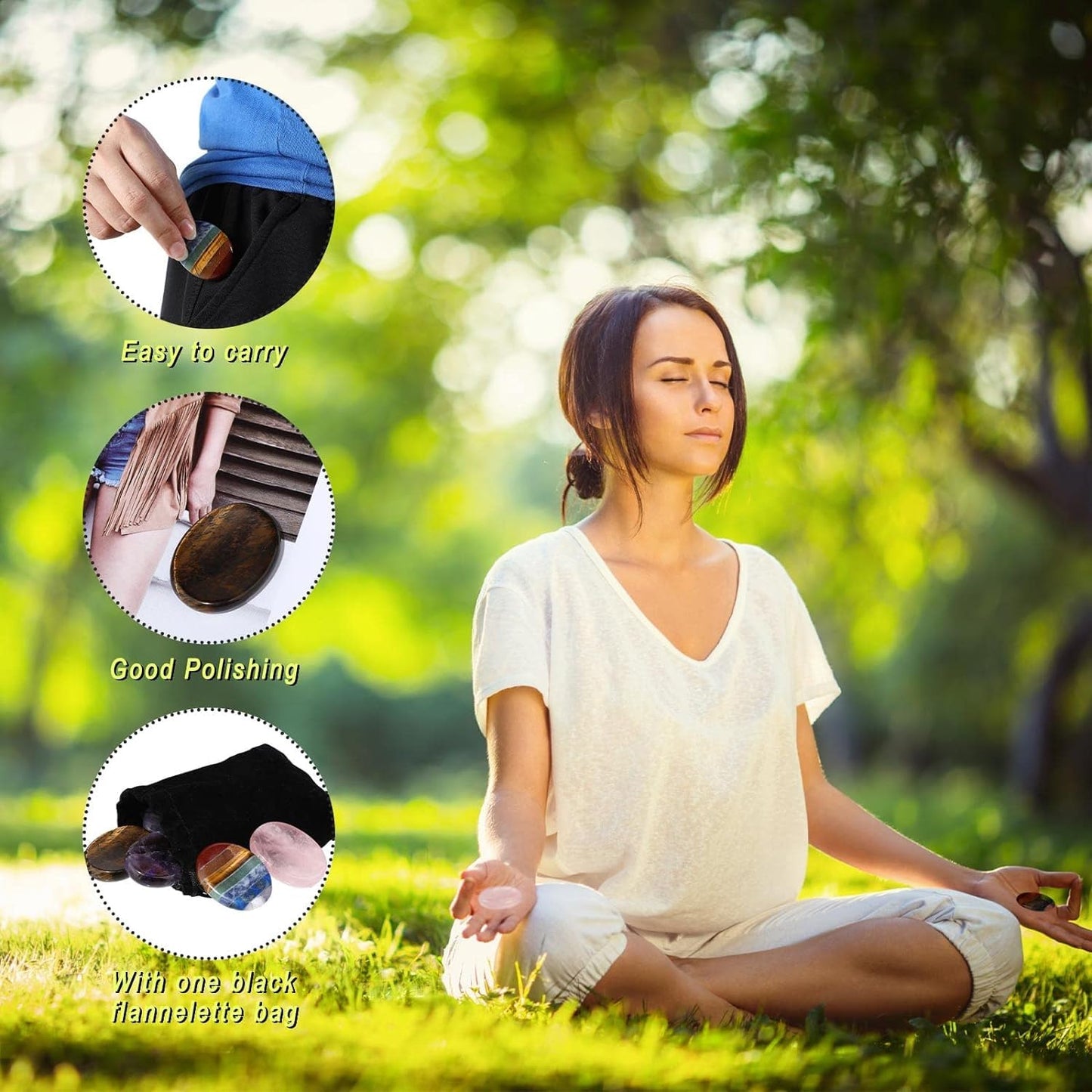 Set of 4 Pieces of Amethyst, Rose Quartz, Clear Quartz, Black Agate Thumb Worry Stones Metaphysical Gemstone Crystal Healing Reiki Men Women Gift Feng Shui Positive Energy