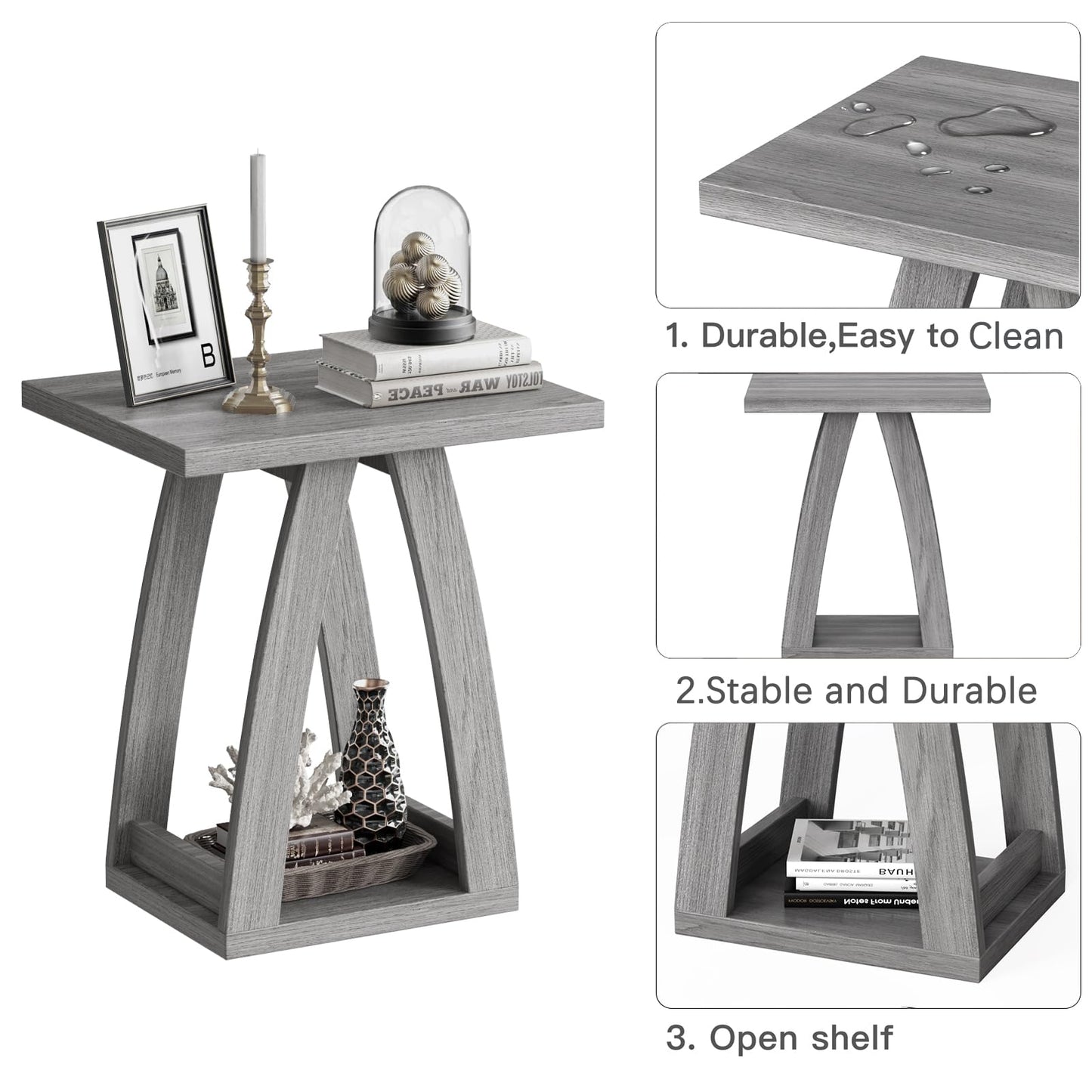 FROMJBEST End Tables Living Room, Side Table Beside Sofa, Nightstand for Bedroom, Couch Side Table with Shelf, Modern End Table for Living Room, Grey End Table