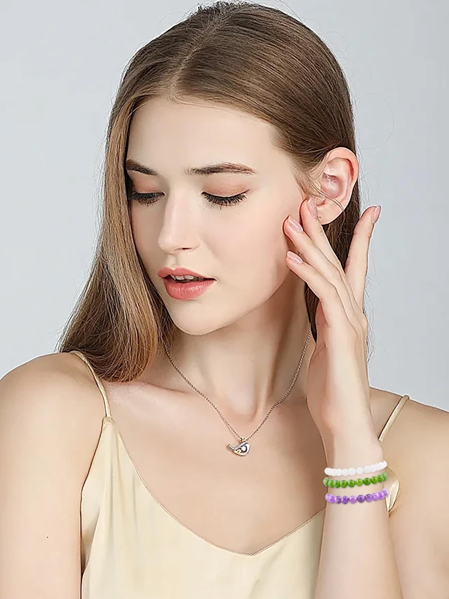 NCB 3-Piece 8mm Natural Crystal Gemstone Stretch Bracelets – ﻿Amethyst, Green Jade, White Jade Handmade Reiki Energy Healing Jewelry for Meditation,Yoga, Unisex