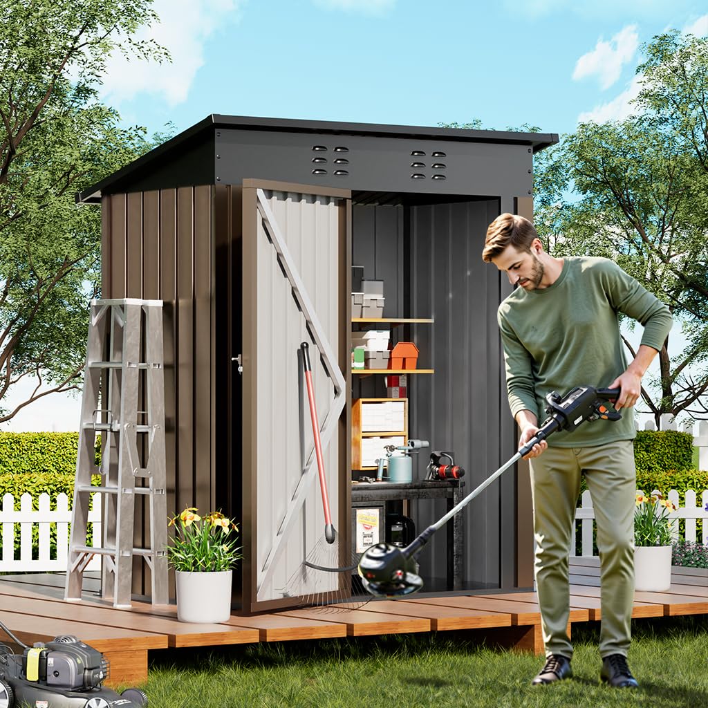 COMHOMA Shed Outdoor Storage Shed Metal,Lockable Doors Tool Sheds with Sloping Roof,Steel Garden Shed with Air Vent for Backyard,Patio,Lawn,Poolside(Brown,5'*3')