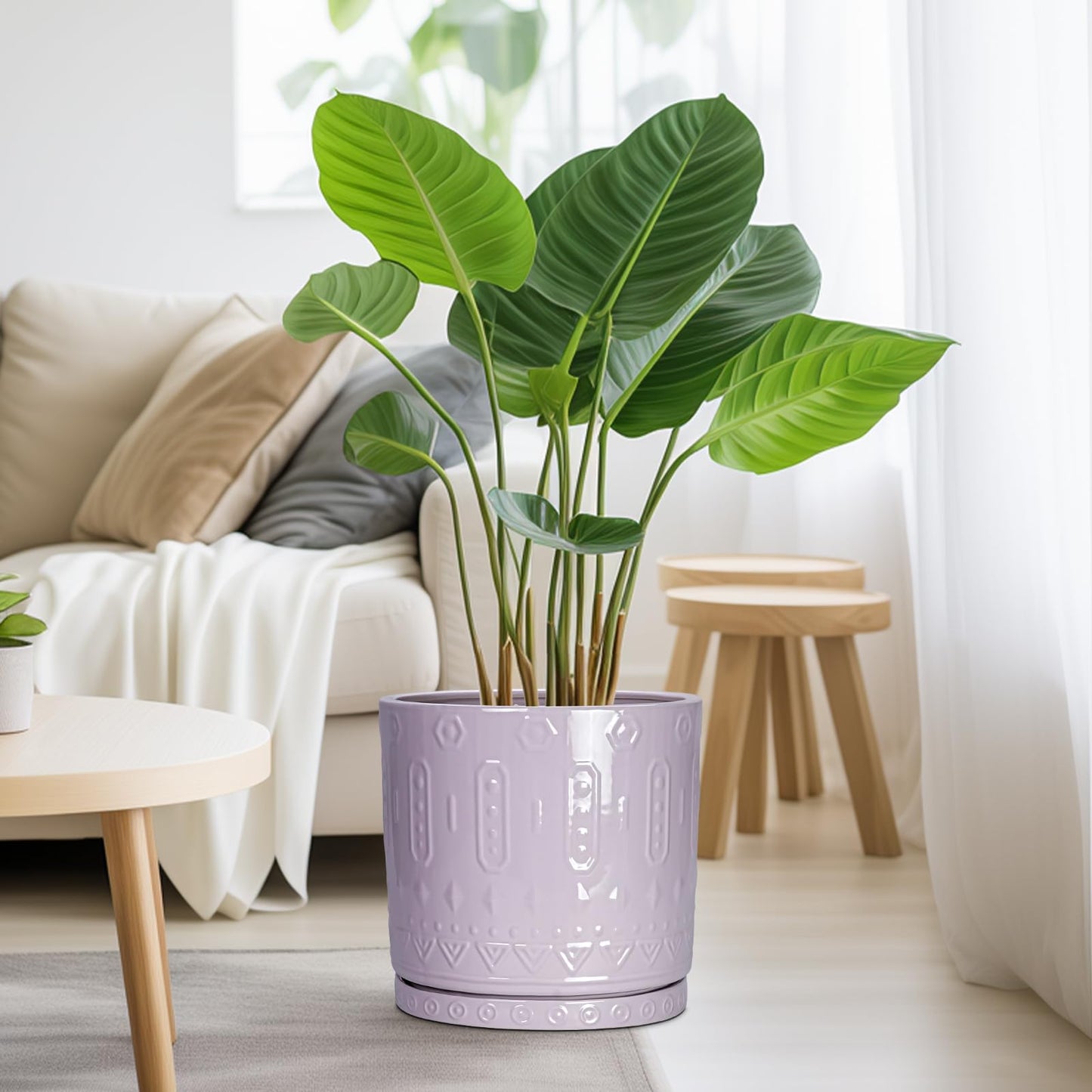 Eightpot 10 Inch Planter, Ceramic Plant Pots for Indoor Outdoor, Round Pot for Plants with Drainage Hole and Sacuer, Boho Plant Pot, Decorative Flower Pots, Living Room Decor, Purple
