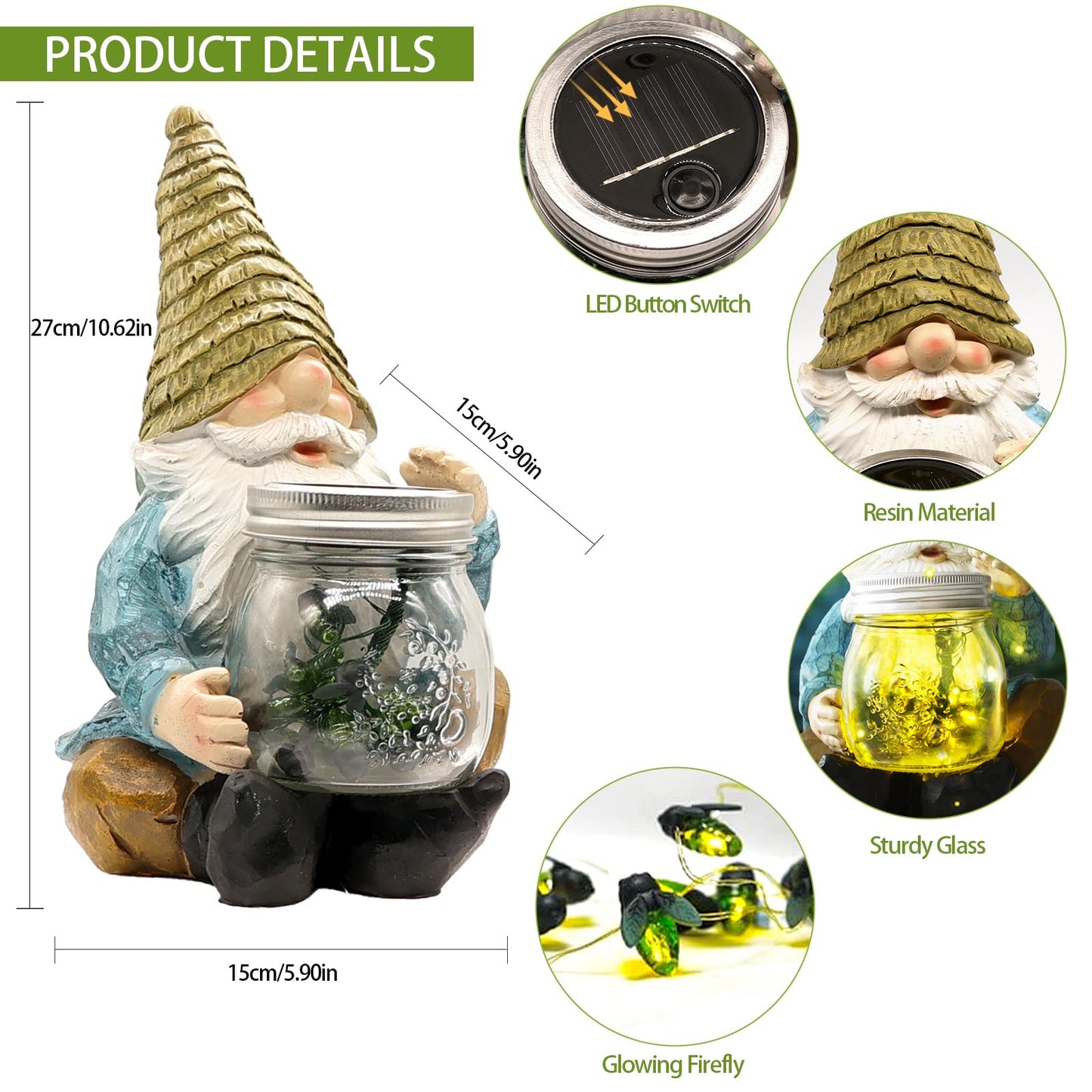 Vcdsoy Solar Firefly Jar Gnome Waterproof, Mother's Day,Birthday Housewarming Gifts for Mom Women,Large Garden Gnome Funny Solar Outdoor LED Lights Resin Statues 10.6" Lantern Figurines Decorations