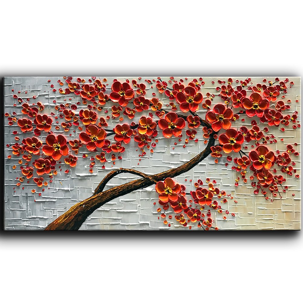 YaSheng Art -Large 3D Textured Framed Abstract Floral Oil Painting ,Wall Art for Living Room,hand painted Canvas Wall Art, Bedroom Wall Art Decor, 3D Red Floral Artwork, Modern Home Wall Decor 60x24inch