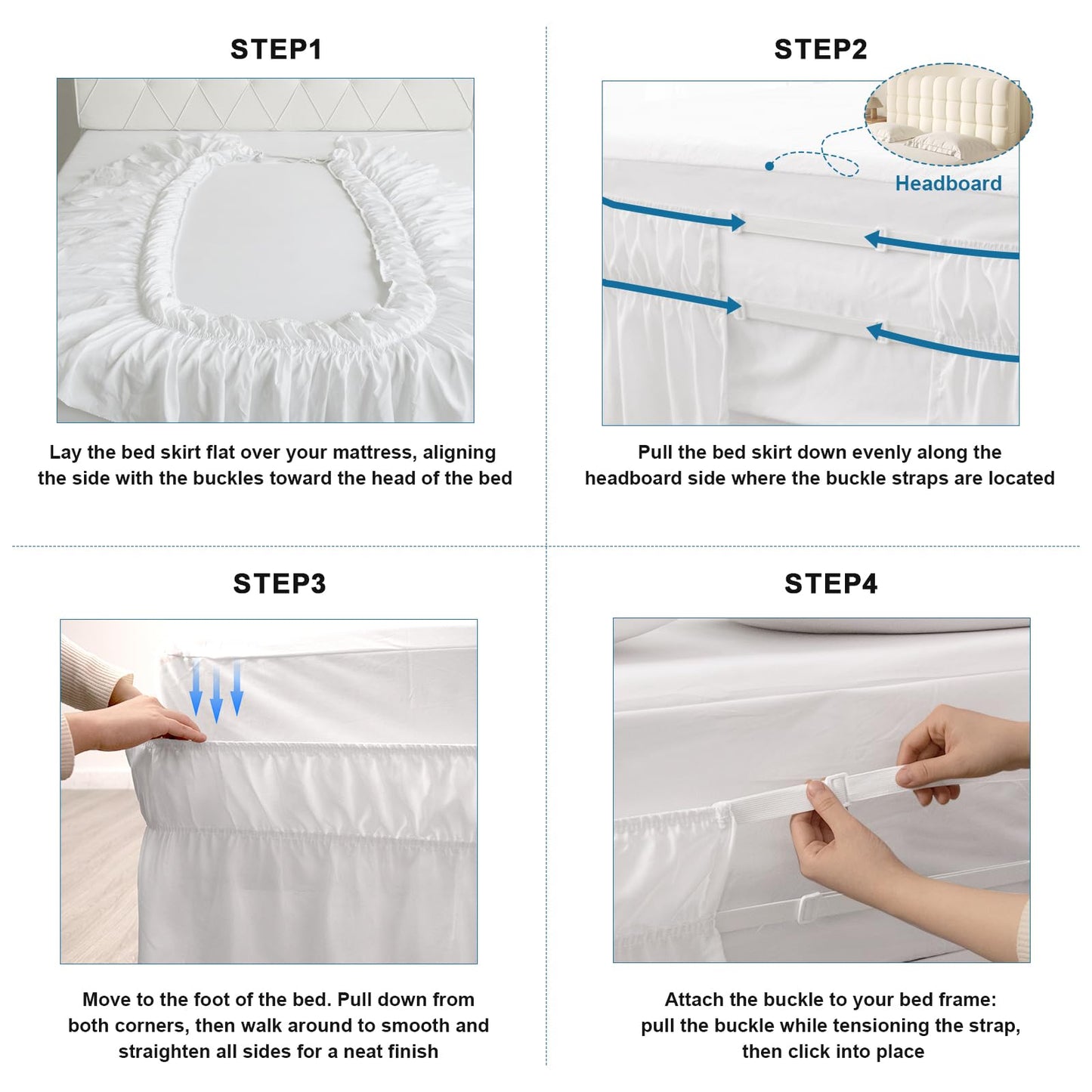SPRINGSPIRIT Queen Bed Skirt with Elastic Strap, Ruffle Bed Skirting with 16 inch Drop, Wrinkele Free, Machine Washable, Hotel Quality, White