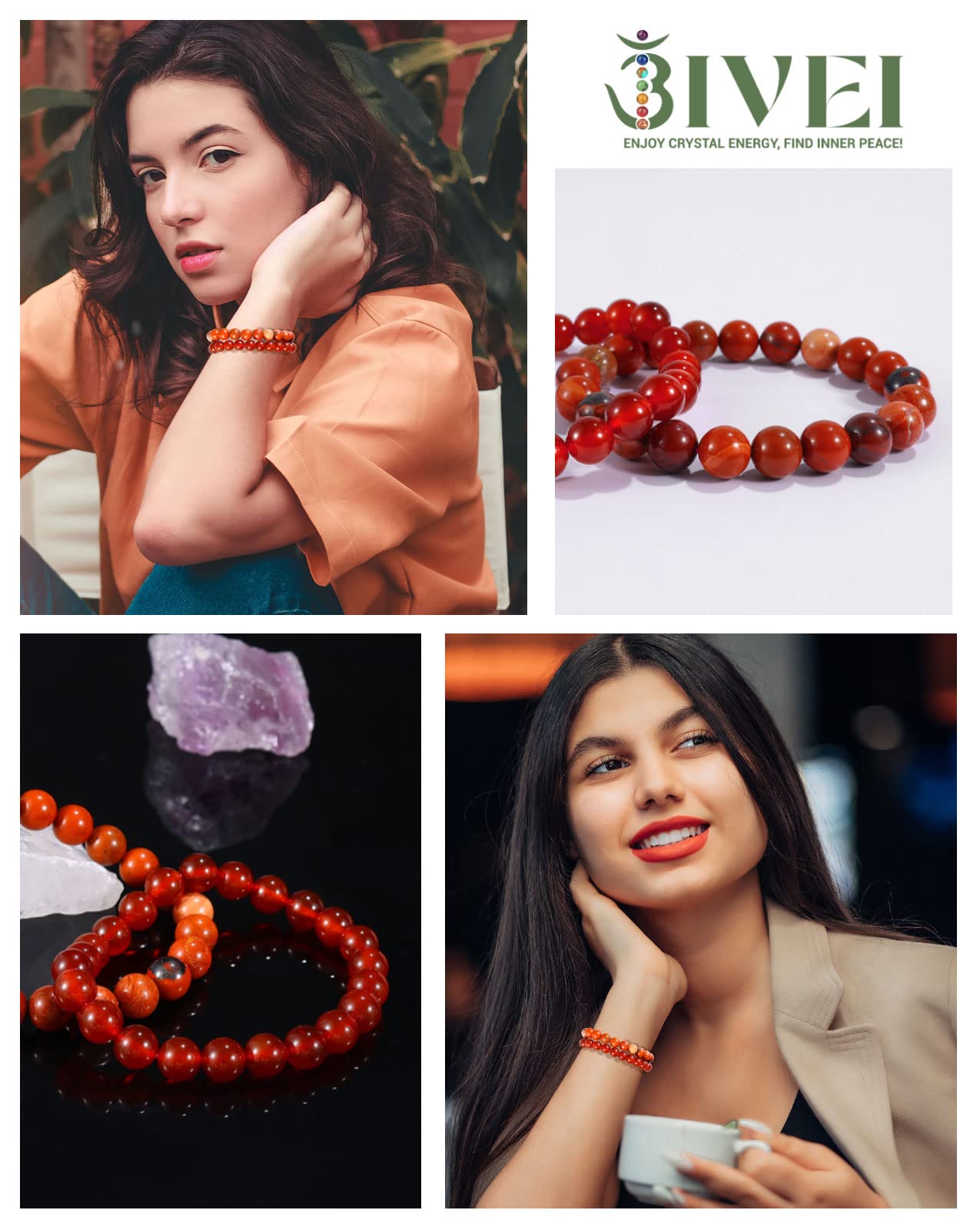 Bivei Natural Gemstone Semi Precious Crystals Handmade Stretchy Round Beads Bracelet, Enhance Positive Energy,Stocking Stuffers for Women(Red Agate & Red Jasper (Vitality) Medium)