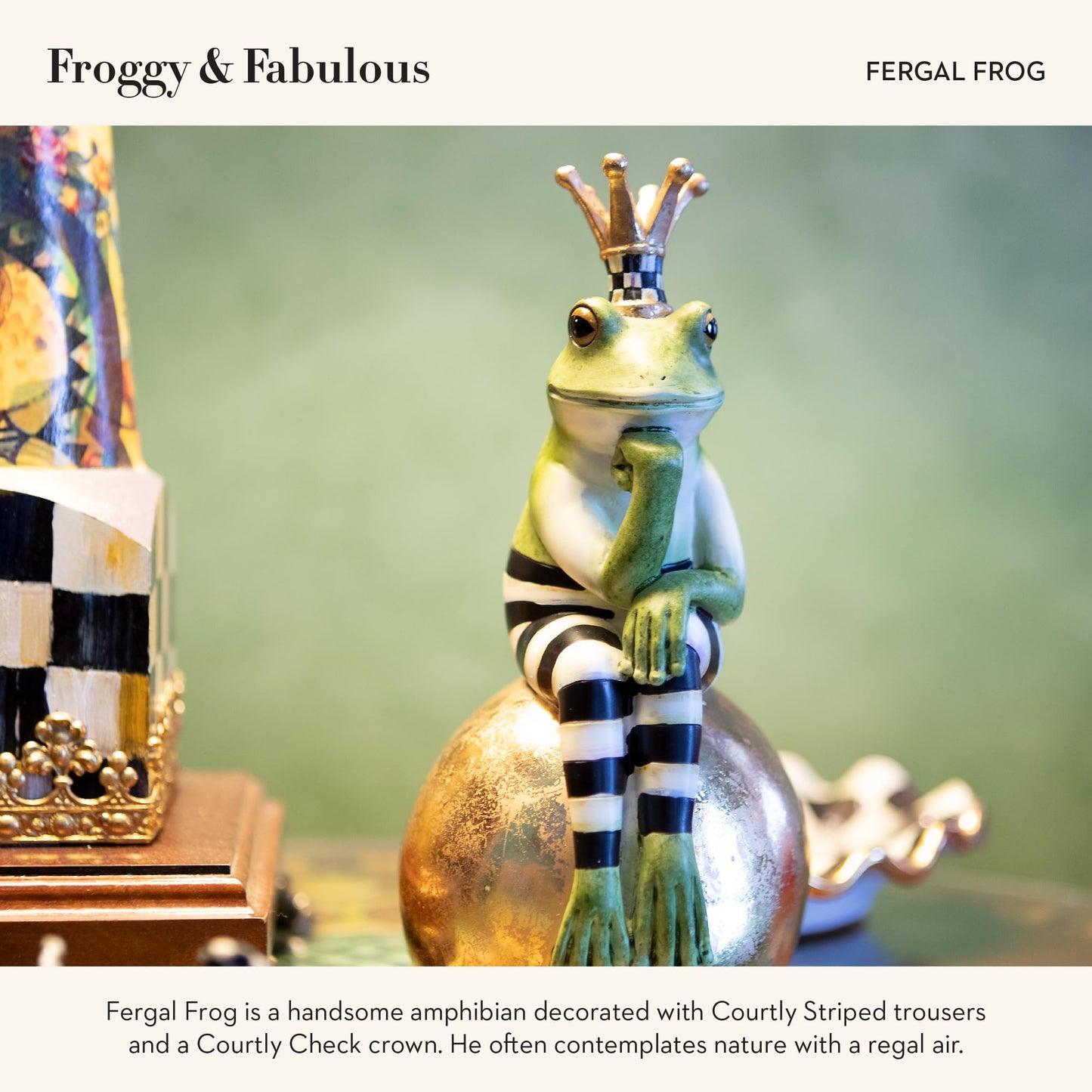 MACKENZIE-CHILDS Fergal Frog on Ball, Cute Frog Statue, Unique Frog Decoration for Bathroom or Living Room