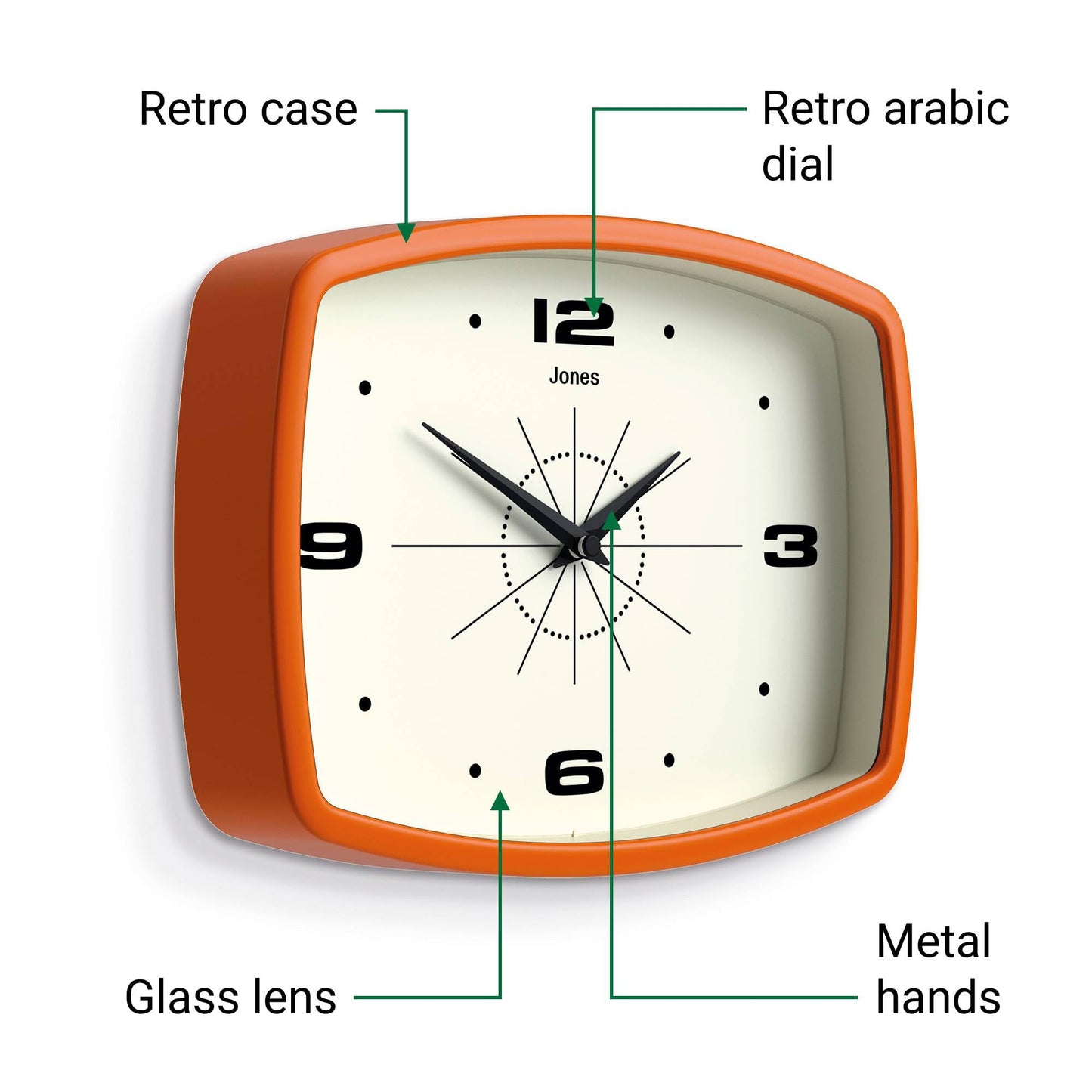 JONES CLOCKS® Movie wall Clock | Retro Rectangular Clock | 10 inch | Orange | Cool mid-Century Designer Look for Kitchen, Living Room or Office