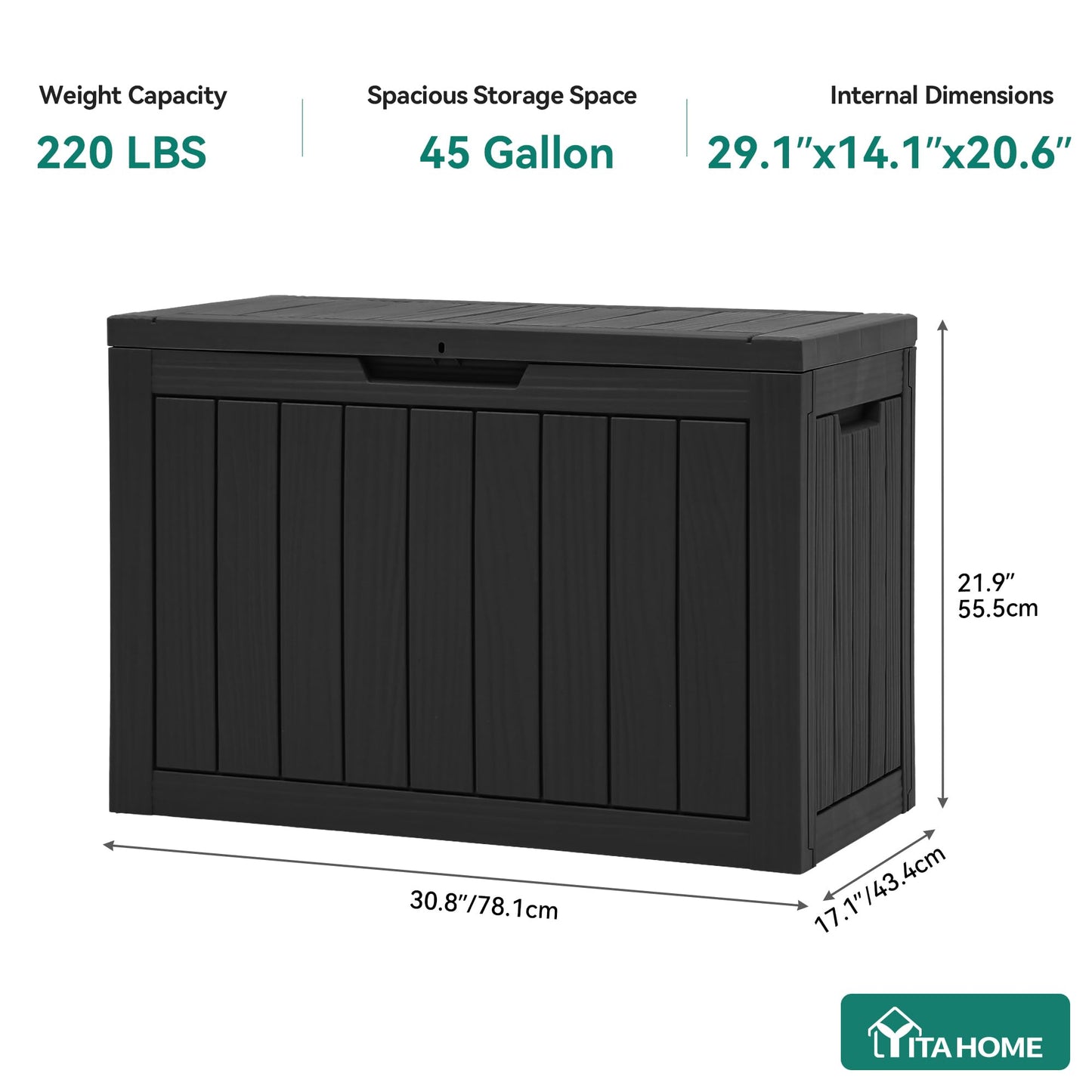 YITAHOME Outdoor Storage Box, 45 Gallon Waterproof Resin Deck Box, Lockable Organizer for Patio, Poolside, Deck, Cushions, Throw Pillows, Garden Tools, Black