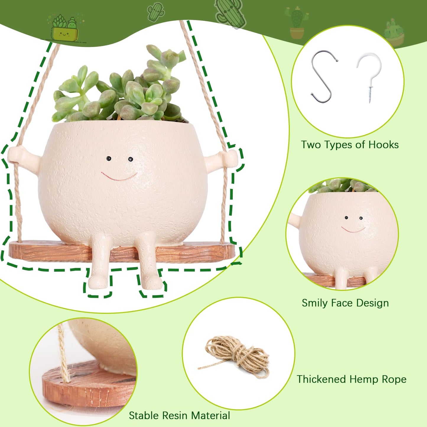 Swing Smily Face Planter Pot Cute Hanging Flower Head Planters for Indoor Outdoor Resin Face Planter Plus Size Succulents Plants Pots for Christmas Mother's Day Planters Gift Ideas