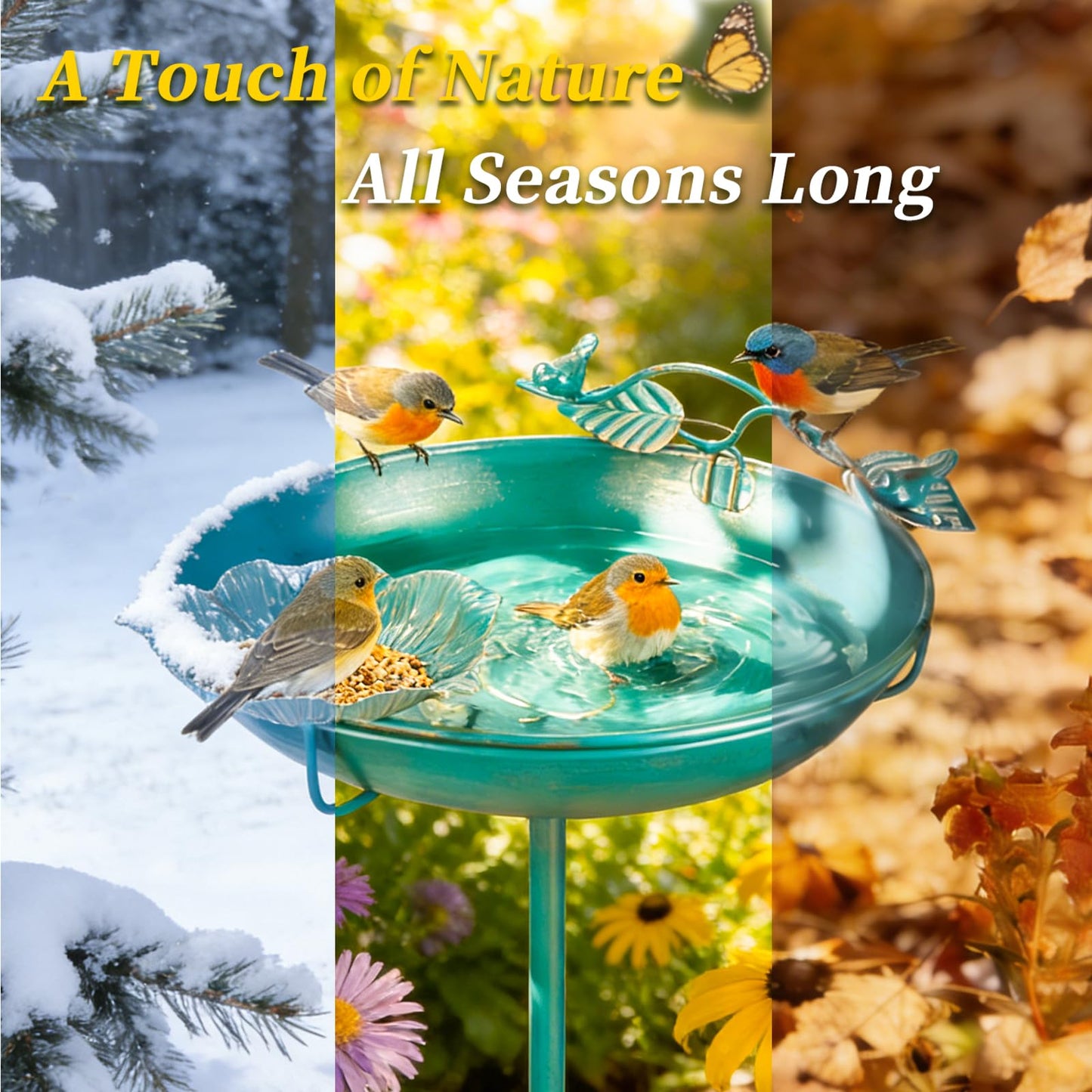 Mellbree Bird Bath for Outside, 12" Dia 39" H Lake Blue with Gold Gilding Metal birdbath for Outdoors, Freestanding with Perch & Feeder Bowl, Multi-Functional for Garden Patio Yard Lawn Outdoor Decor