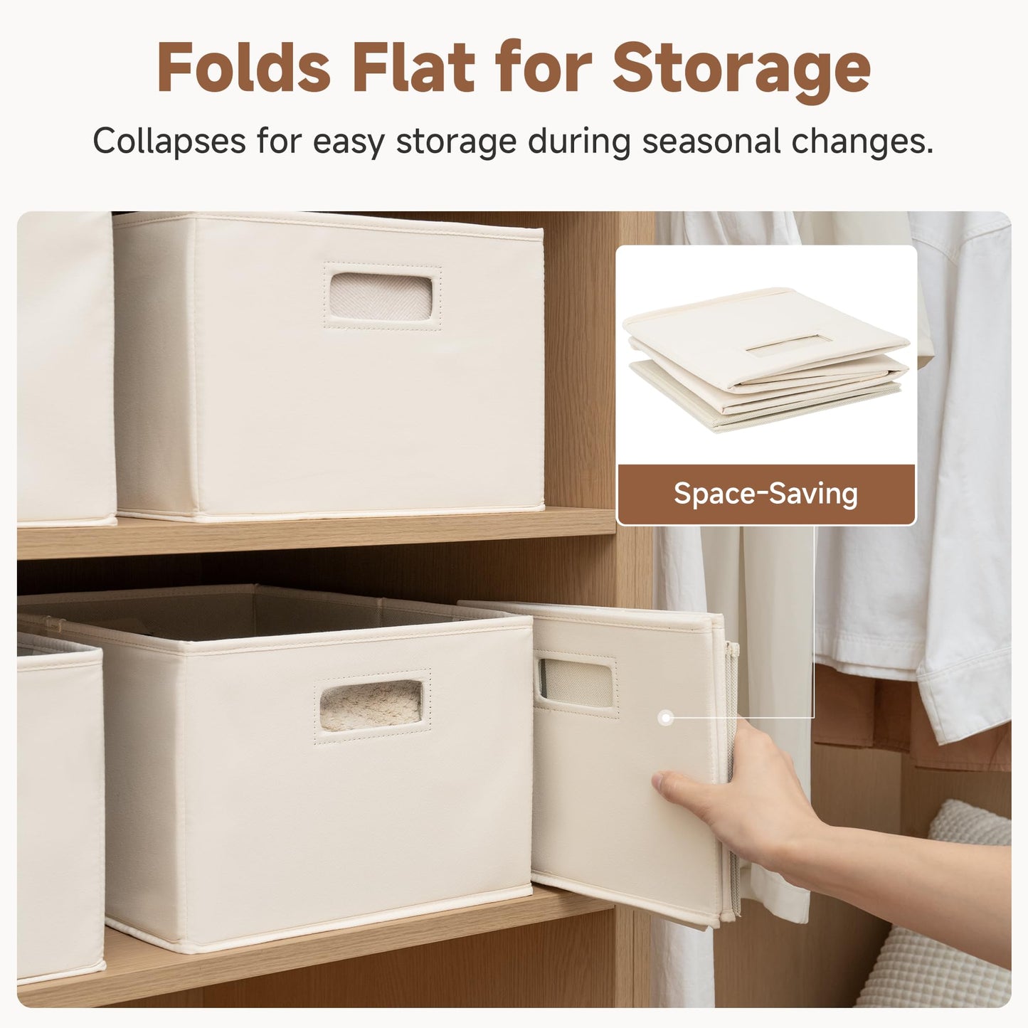 StorageWorks Fabric Storage Bins for Shelves, Closet Organizers and Storage Baskets, Collapsible Storage Bins with Cutout Handles, Large, 2-Pack, Ivory