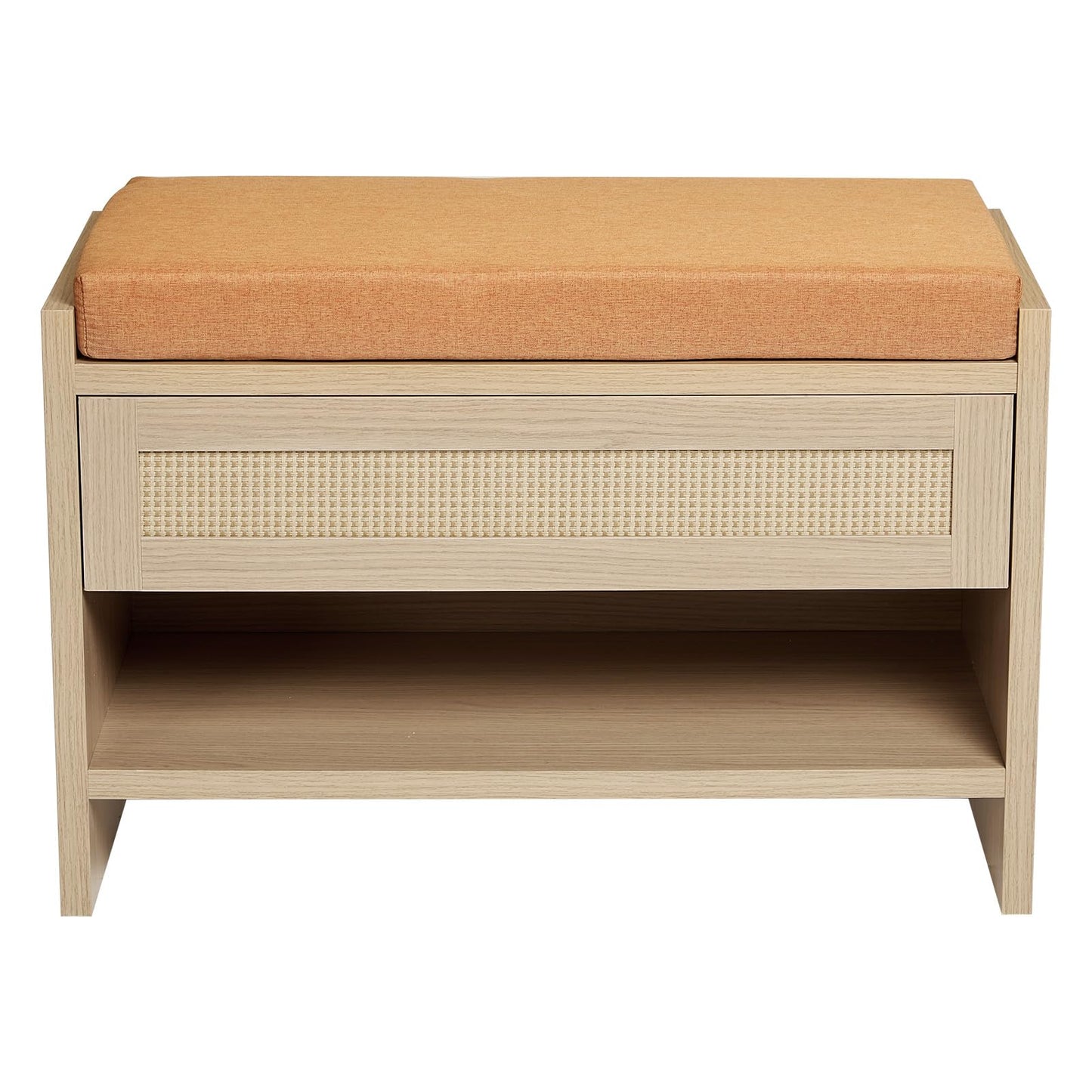 Garvee 32" L Farmhouse Shoe Bench with Storage Drawer & Linen Cushion – Wooden Entryway Bench with Open Shelf for Hallway, Bedroom & Living Room Organization,Light Oak