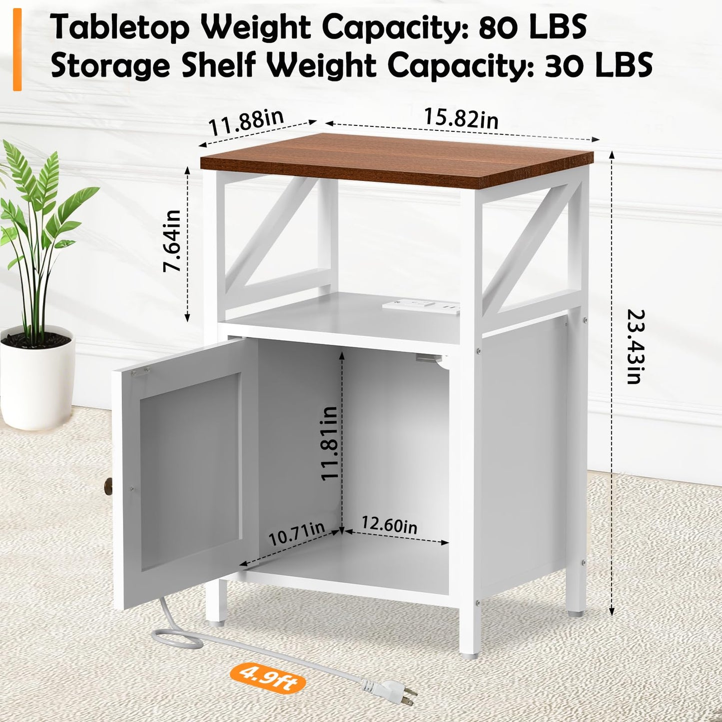 Farmhouse Side Table with Charging Station -3-Tier USB Ports & Outlets End Table, Compact Bedside Storage Table for Small Spaces, Multi-Functional Accent Table for Bedroom, Living Room, Couch Entryway