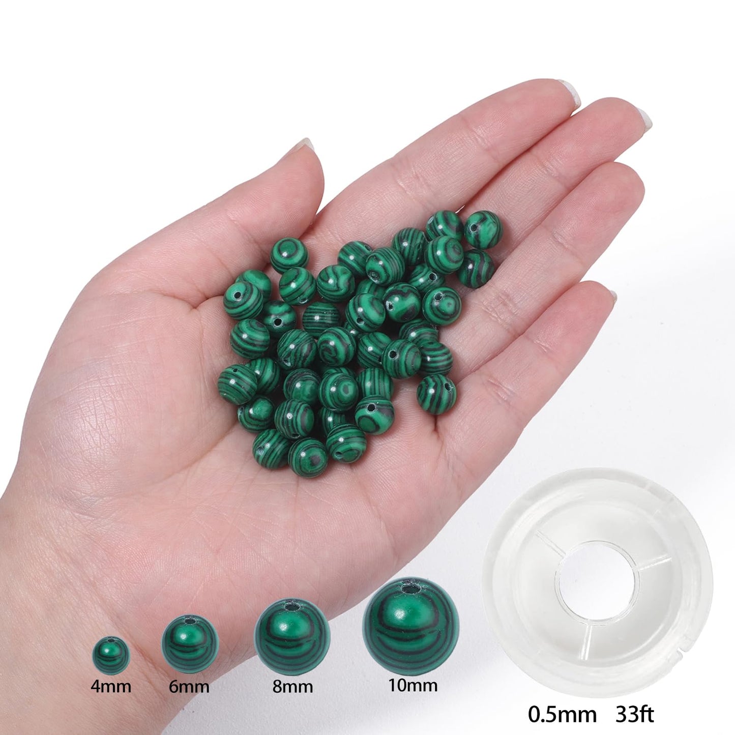 NITOPUPU 100Pcs 8mm Smooth Malachite Beads for Jewelry Making, Natural Round Loose Gemstone Stone Bead for Necklace Bracelets, Crafts for Adults with Crystal Stretch Cord
