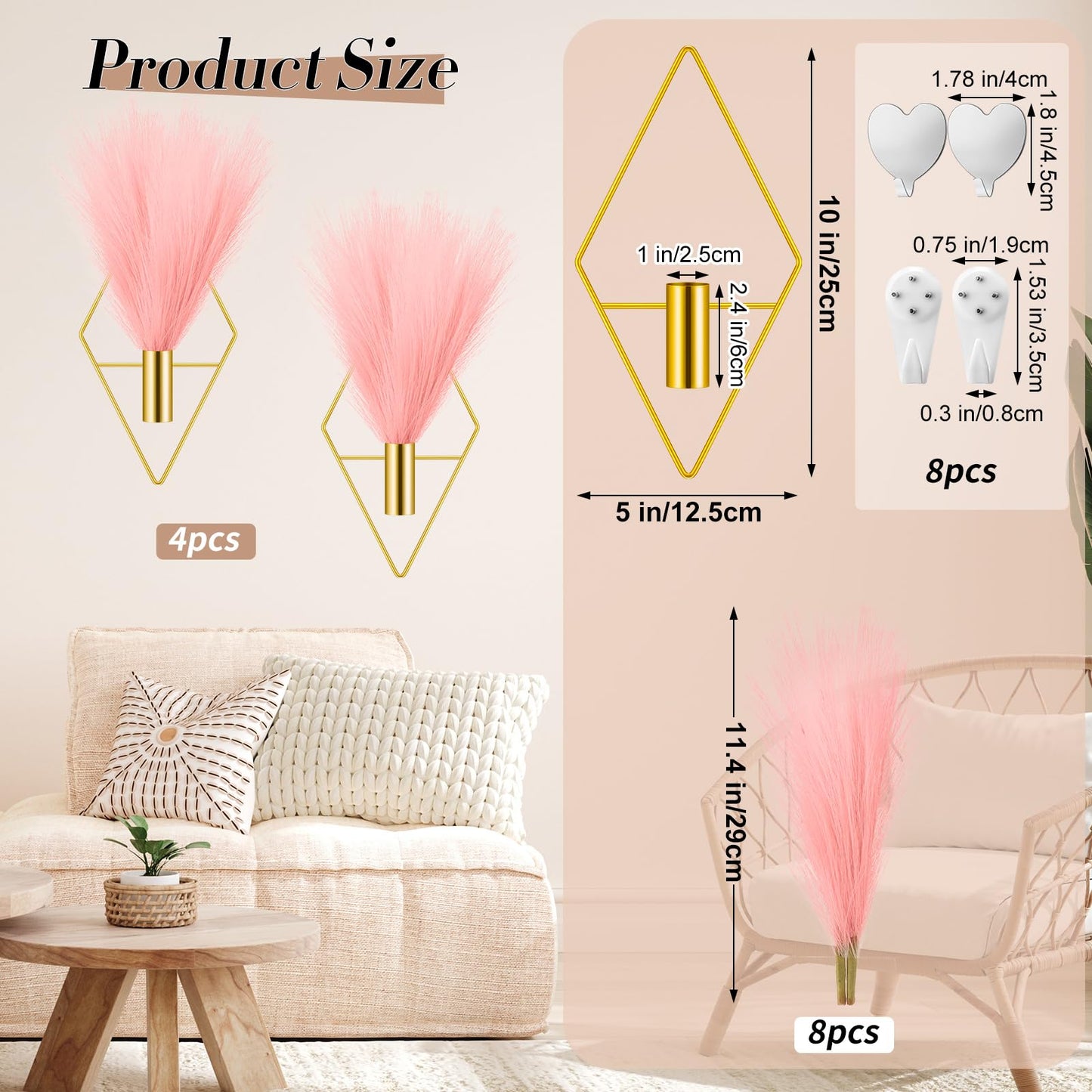 Hanaive 4 Sets Boho Gold Wall Decor Metal Wall Art Hanging Planters with Artificial Pampas Display Art Modern Home Metal Vase for Bedroom Living Room Home Office(Gold, Pink)