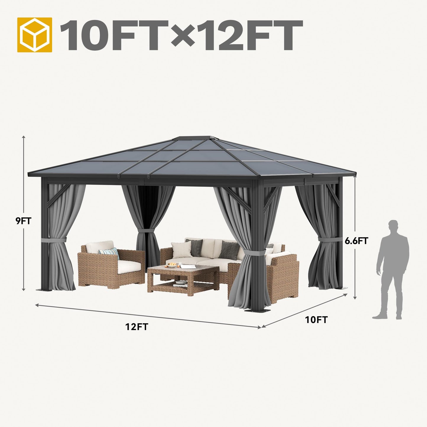 DWVO 10x12ft Gazebo Hardtop Double Roof Polycarbonate Canopy Outdoor with Netting and Shaded Curtains, Metal Frame Garden Tent for Patio, Backyard, Deck and Lawns, Gray