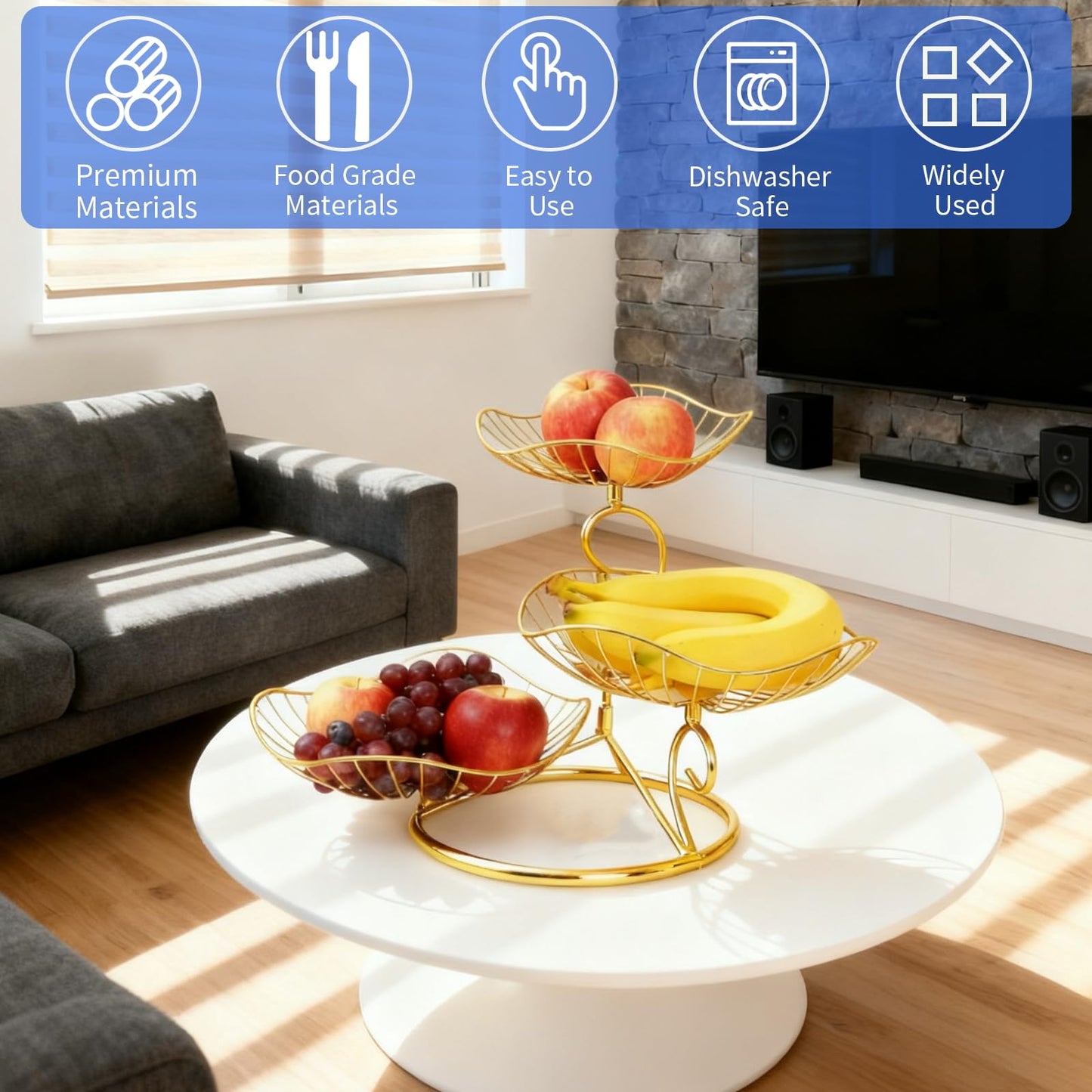 Patravious 3-Tier Fruit Basket, Gold Fruit Basket, Fruit Organizer, 3 Tier Basket Stand Suitable for Kitchen/Living Room