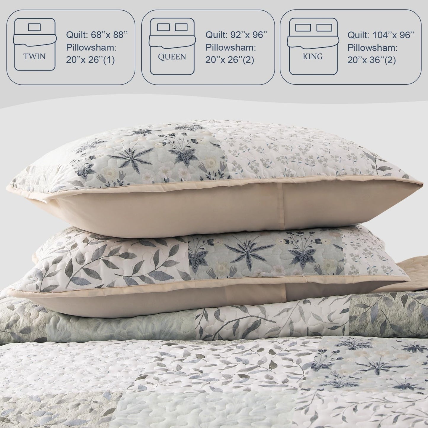Exclusivo Mezcla Reversible Boho Quilts Queen Size, Gray Bedspreads Lightweight Coverlet All Season Patchwork Quilt Bedding Set with Printed Floral Pattern (1 Quilt, 2 Pillow Shams)