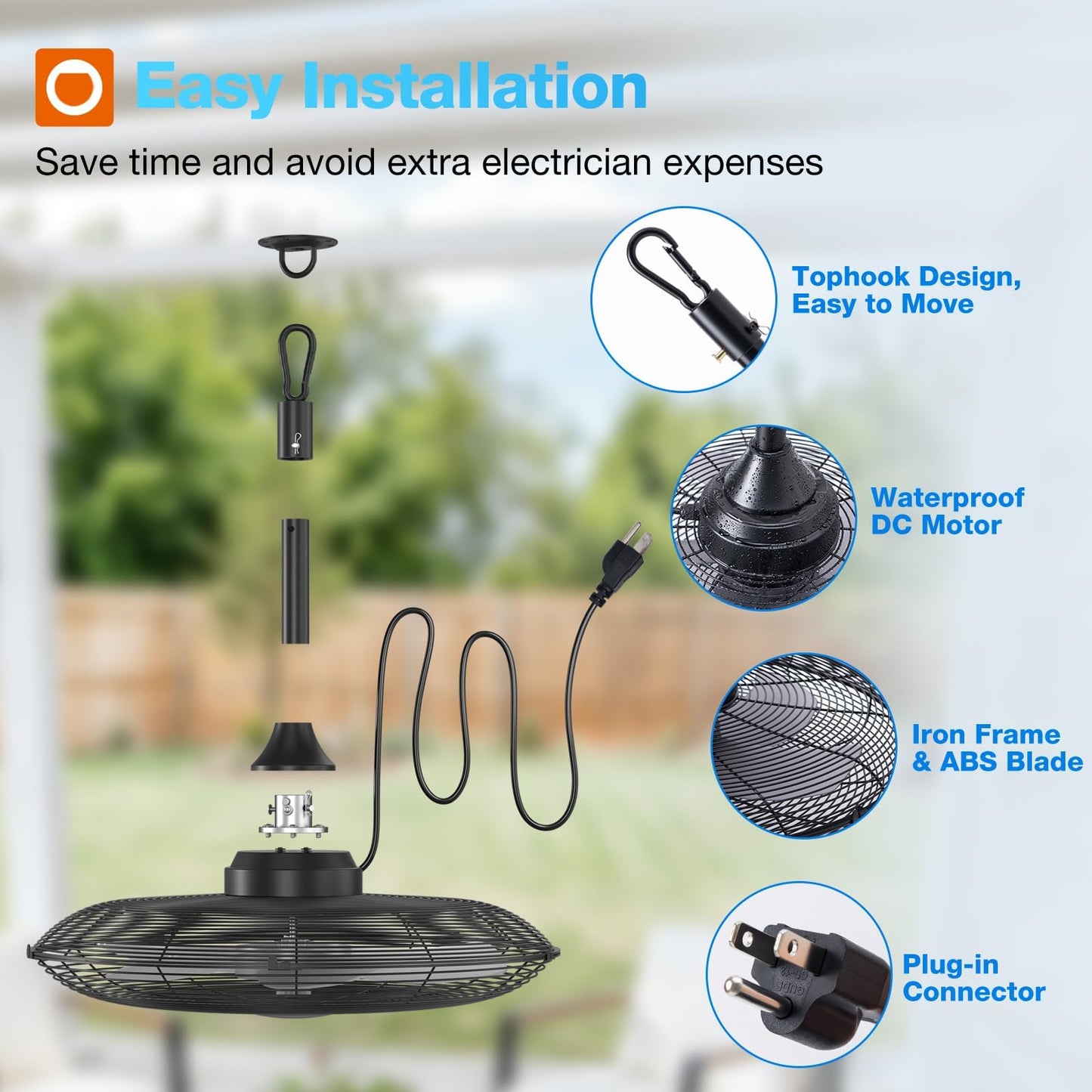 addlon Outdoor Fans for Patios, 20 inch IP65 Waterproof Gazebo Fan Remote&APP Control, 6 Speeds, Quiet, DC Motor, Plug in Ceiling Fan with Hook Hanging Caged Fan for Pergola Porch Canopy Backyard