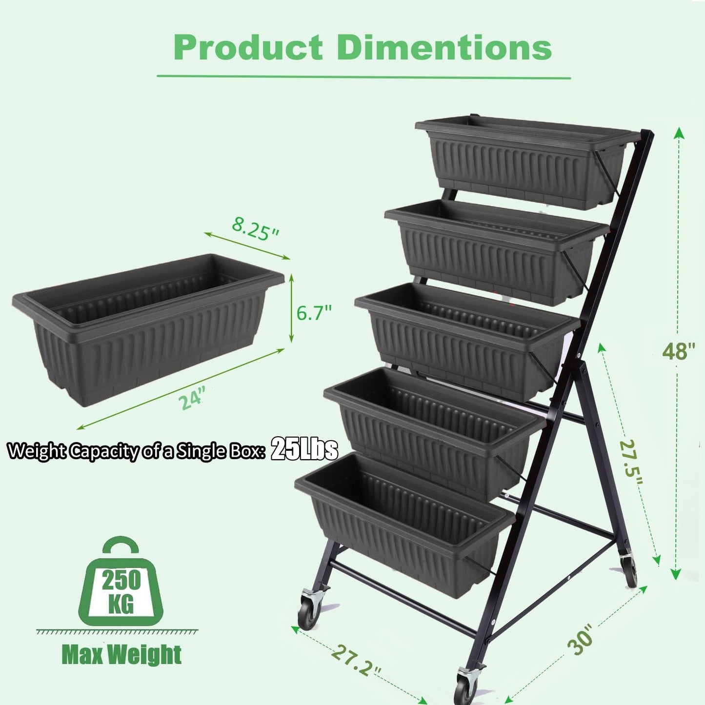 Homdox 5-Tier Elevated Garden Bed with Lockable Caster Wheels - Freestanding Vertical Raised Bed with 5 Garden Planter Boxes- Perfect to Grow Vegetables Herbs Flowers Indoor(Black)