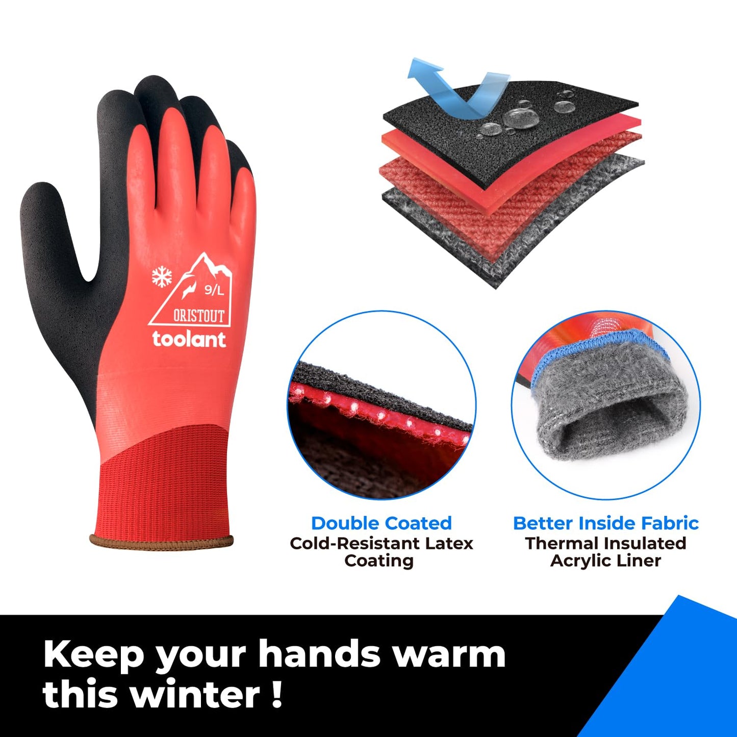OriStout Winter Work Gloves for Men and Women, Touchscreen, Waterproof Gloves for Working in Freezer, Fishing and Gardening, Thermal Insulated, Super Grip, Red, Large