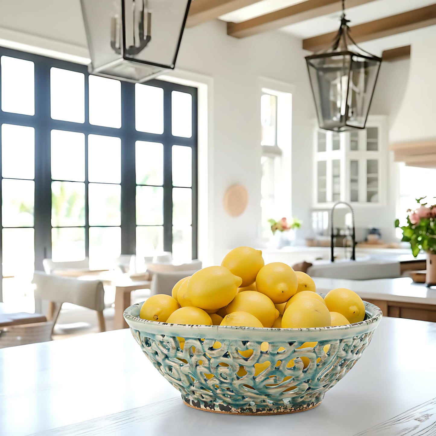 SIDUCAL Ceramic Fruit Bowl for Kitchen Counter,Decorative Fruit Basket with Holes, 10.43" Large Hollow Out Fruit Vegetable Holder Bowl for Table Decor, Blue
