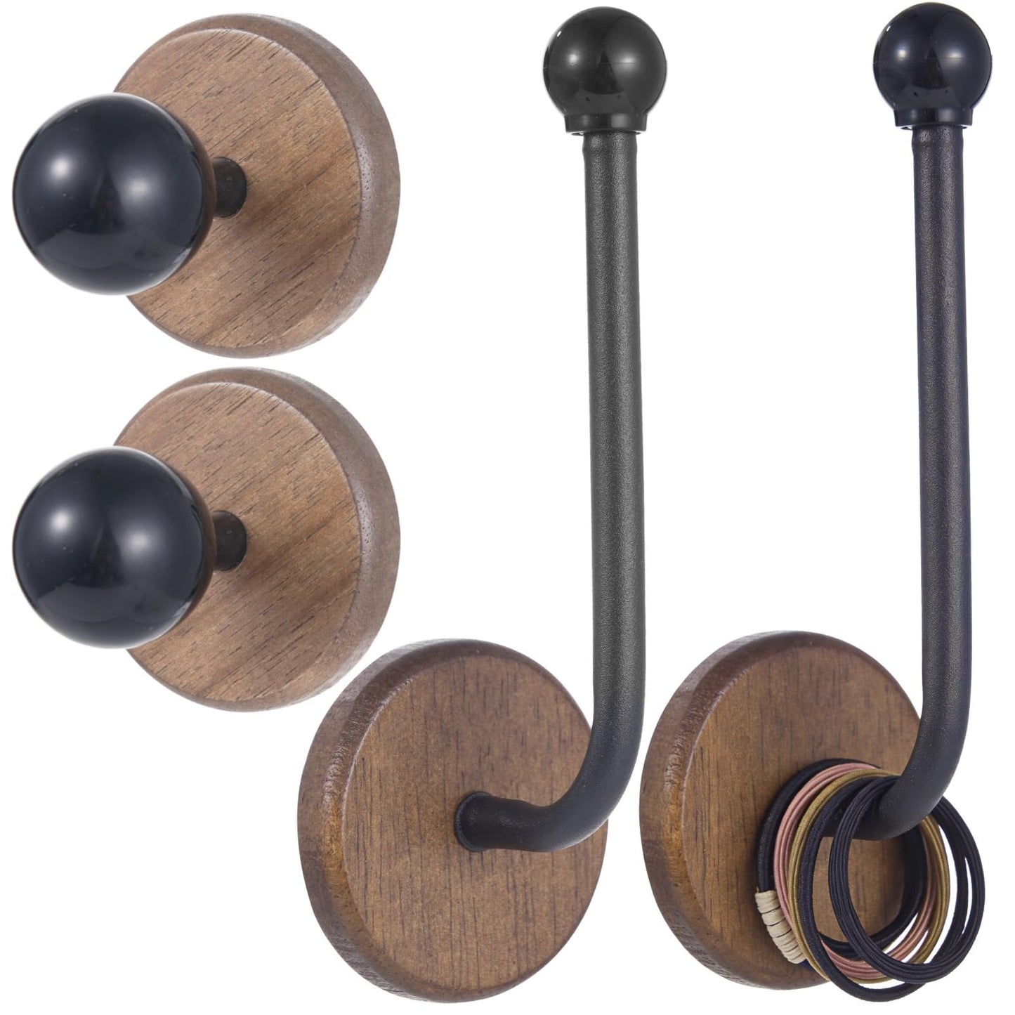 4 Pcs Walnut Wood Wall Hooks, Including 2 T-Shaped Hooks & 2 J-Shaped Holders, No-Drill Adhesive Curtain Holdbacks with Solid Wood Base for Coats, Hats, Keys & Hair Ties (Black)