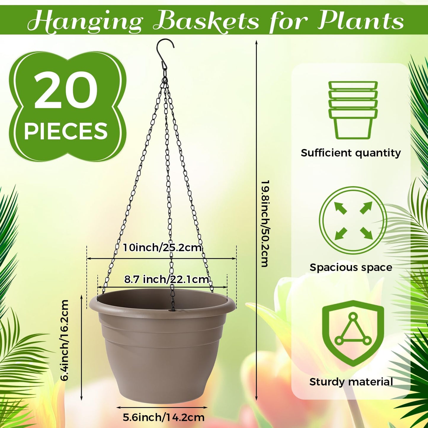 Romooa 20 Pack 10 Inch Plastic Hanging Planter Bulk Brown Hanging Baskets for Plants with Drainage Trays Self Watering Plant Pot Outdoor Indoor Planter for Garden, Balcony, Porch, Patio Decor