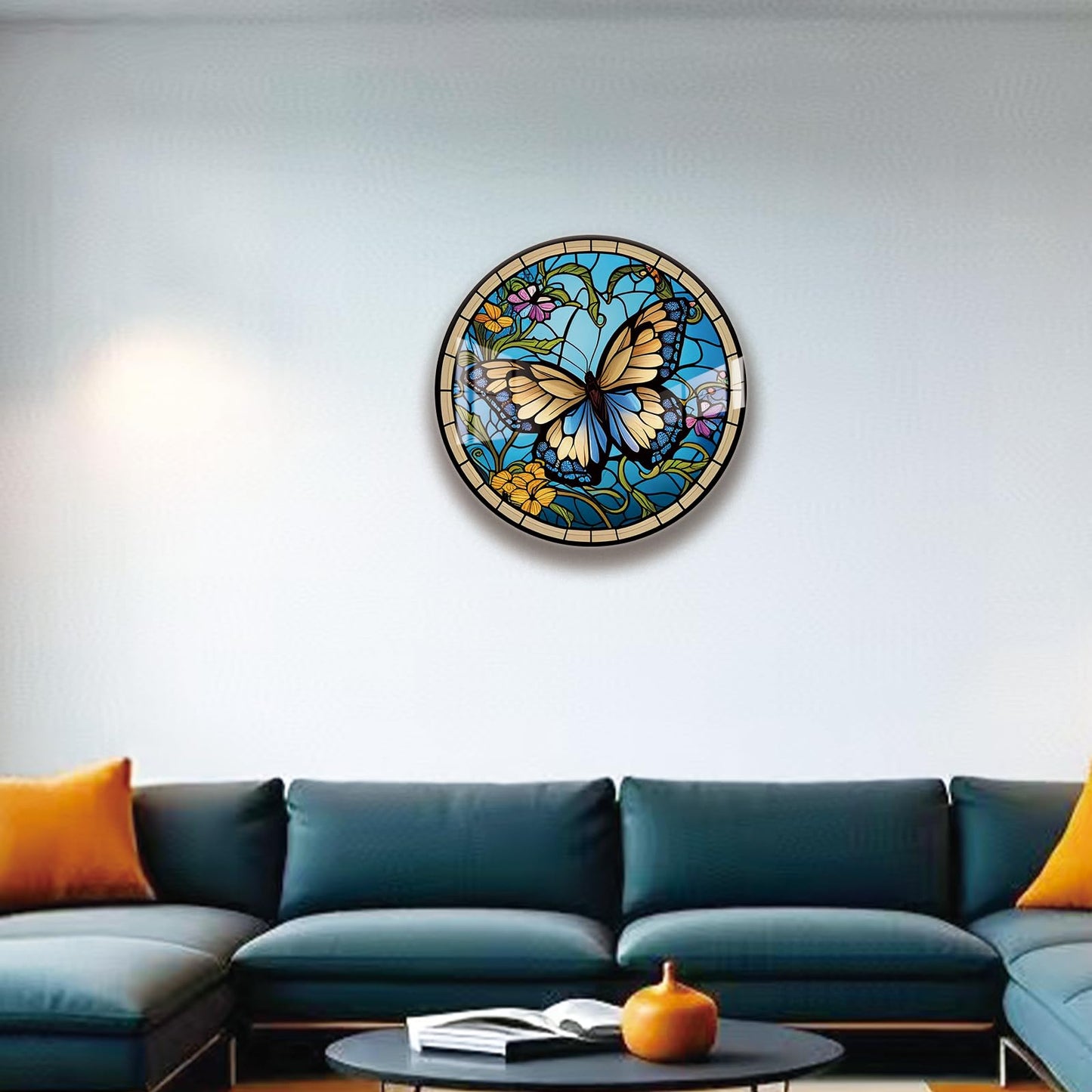 LMSDYSHU Butterflies and Mosaic,Tempered Glass Wall Art,unframed，Easy to clean,18"（45.72cm） Diameter (blue)