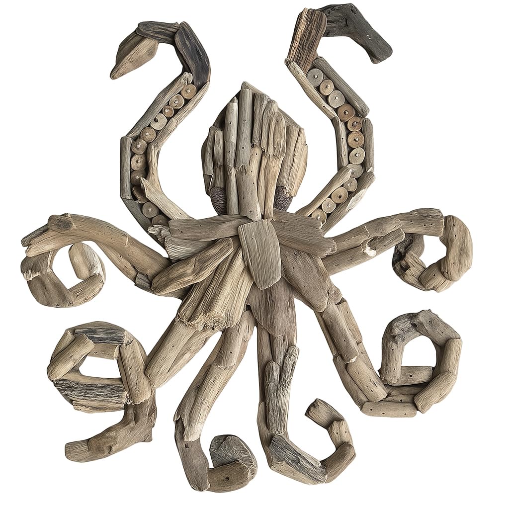 OMA Driftwood Octopus Wall Art – Handcrafted Coastal Beach & Rustic Farmhouse Style Driftwood Wall Decor for Home, Living Room, Bathroom, Beach House – Large Size