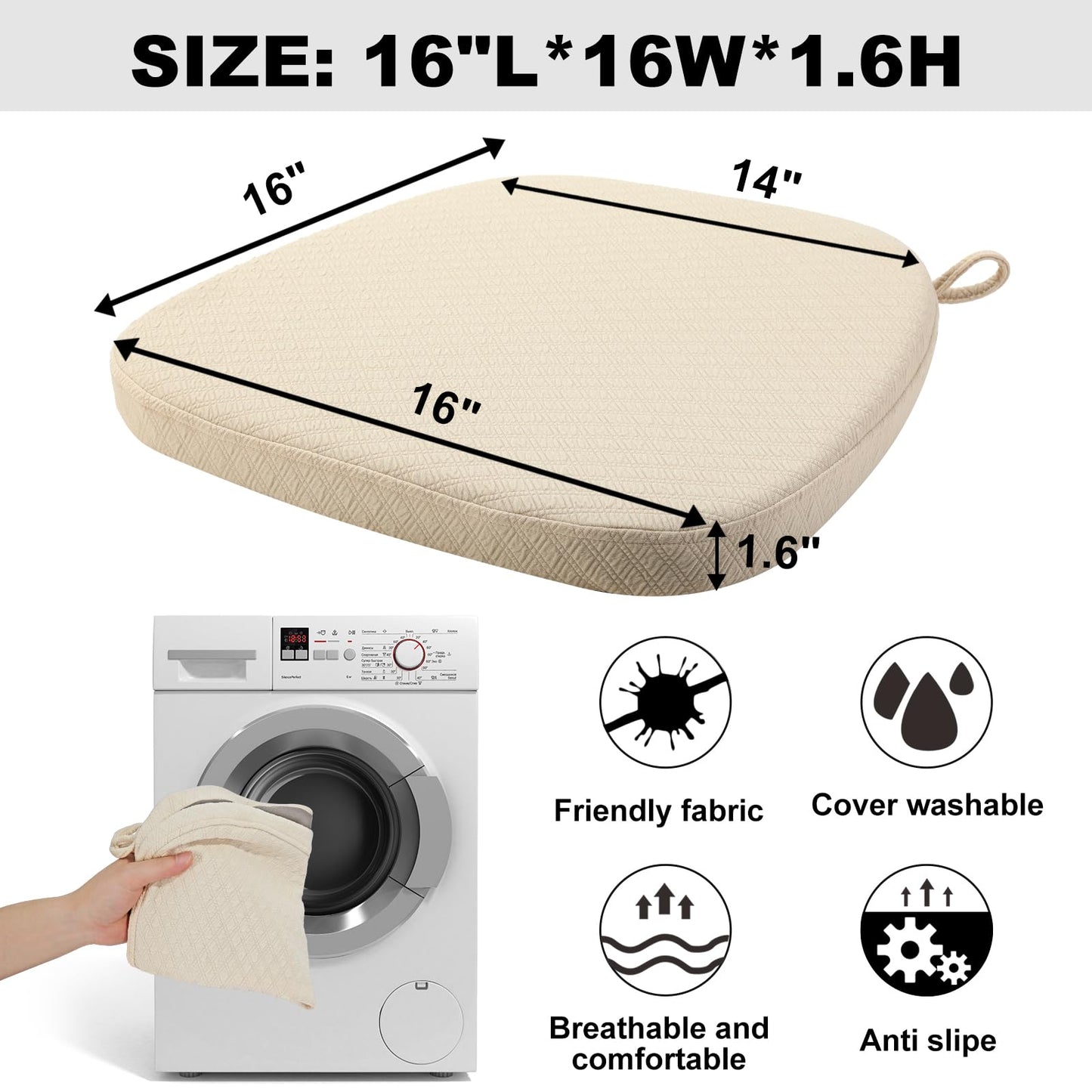BUYUE Luxury 100% Pure Memory Foam Chair Cushion 1 Pack, Jacquard 16" U-Shape Comfortable Dining Chair Pad, Removable Slip Resistant Kitchen Chair Seat Cushion, (1 Piece, Beige)