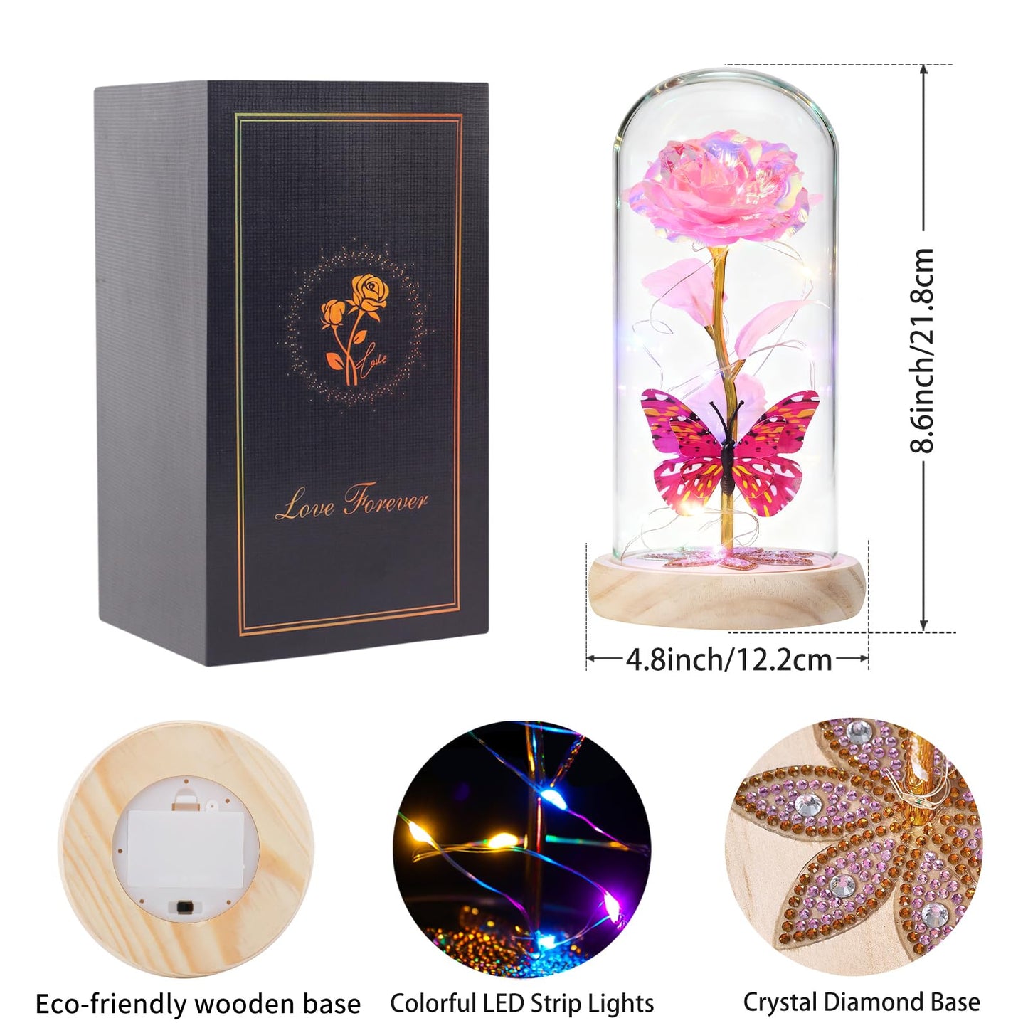 Beferr Birthday Gifts for Women Galaxy Glass Rose Forever Preserved Flowers for Delivery Light Up Rose in Glass Dome Mothers Day Pink Butterfly Gifts for Mom Grandma Wife Her Daughter Girlfriend