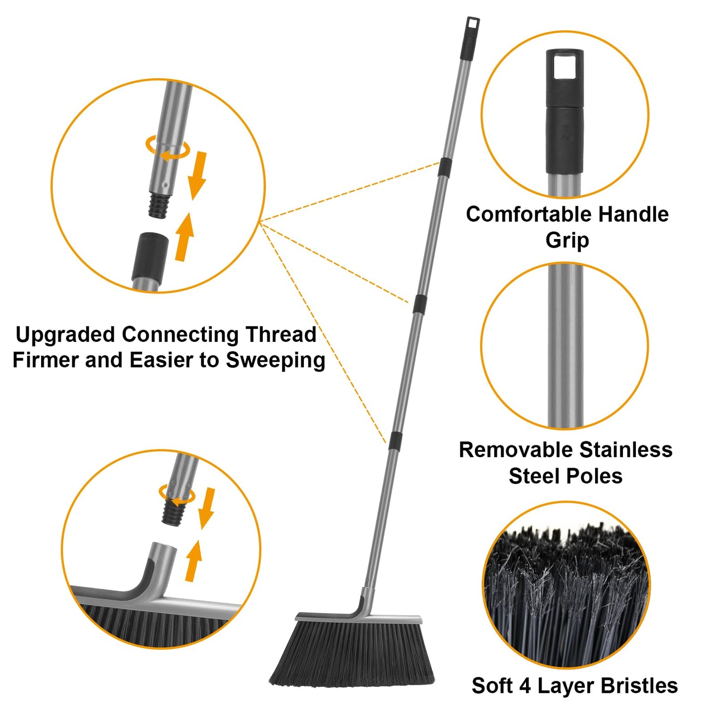 KeFanta 4 Packs Outdoor Broom Heavy Duty with 55" Long Handle, Commercial Brooms for Sweeping Indoor Courtyard Restaurant Garage Patio Decks Mall Market Kitchen Office Lobby Shop