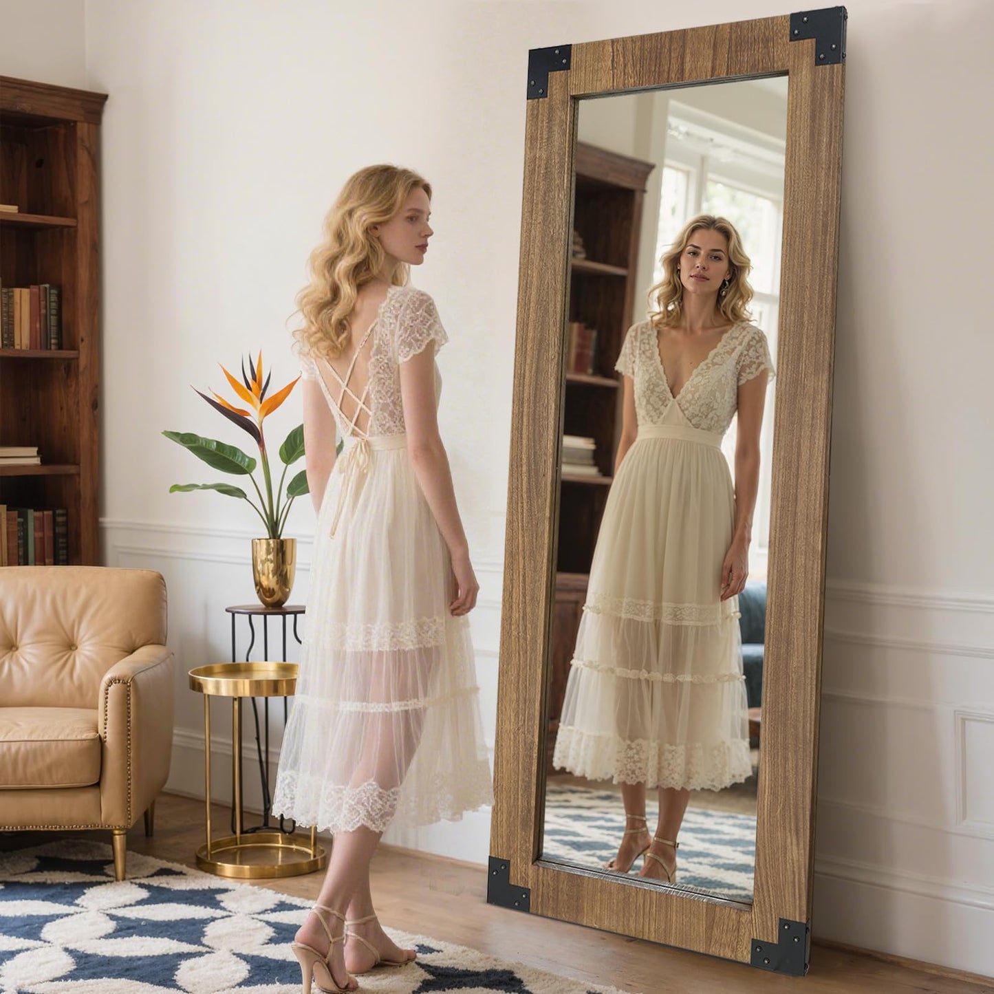 LXWZHK 65x24 Inch Full Length Mirror, Wooden Frame Full Body Standing Mirror with Metal Decorative, Light Walunt