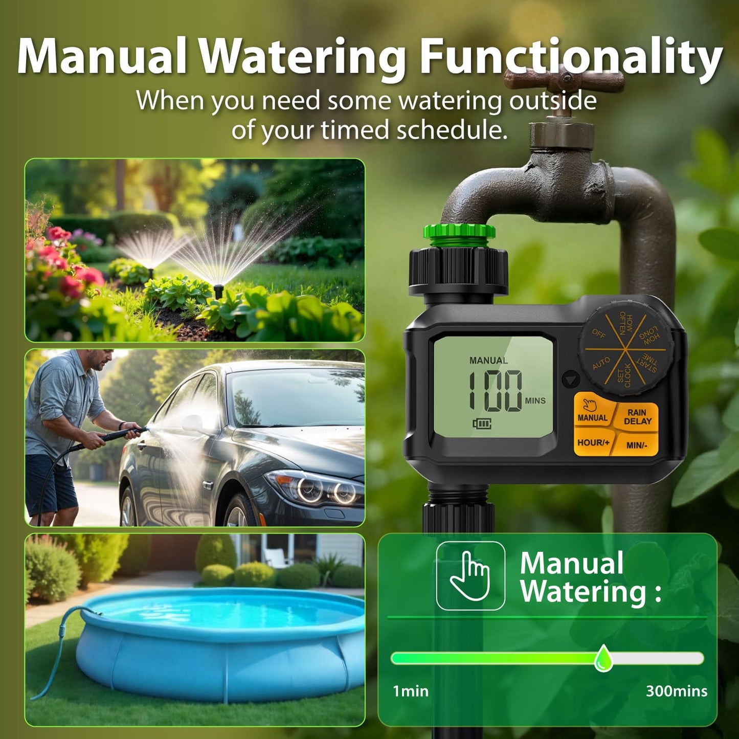 Garnen Sprinkler Timer, Garden Water Hose Faucet Timer, 1 min-7 Days Programmable with Rain Delay/Manual/Automatic Watering Controller System, Digital Drip Irrigation for Yard, Lawn, 1 Outlet