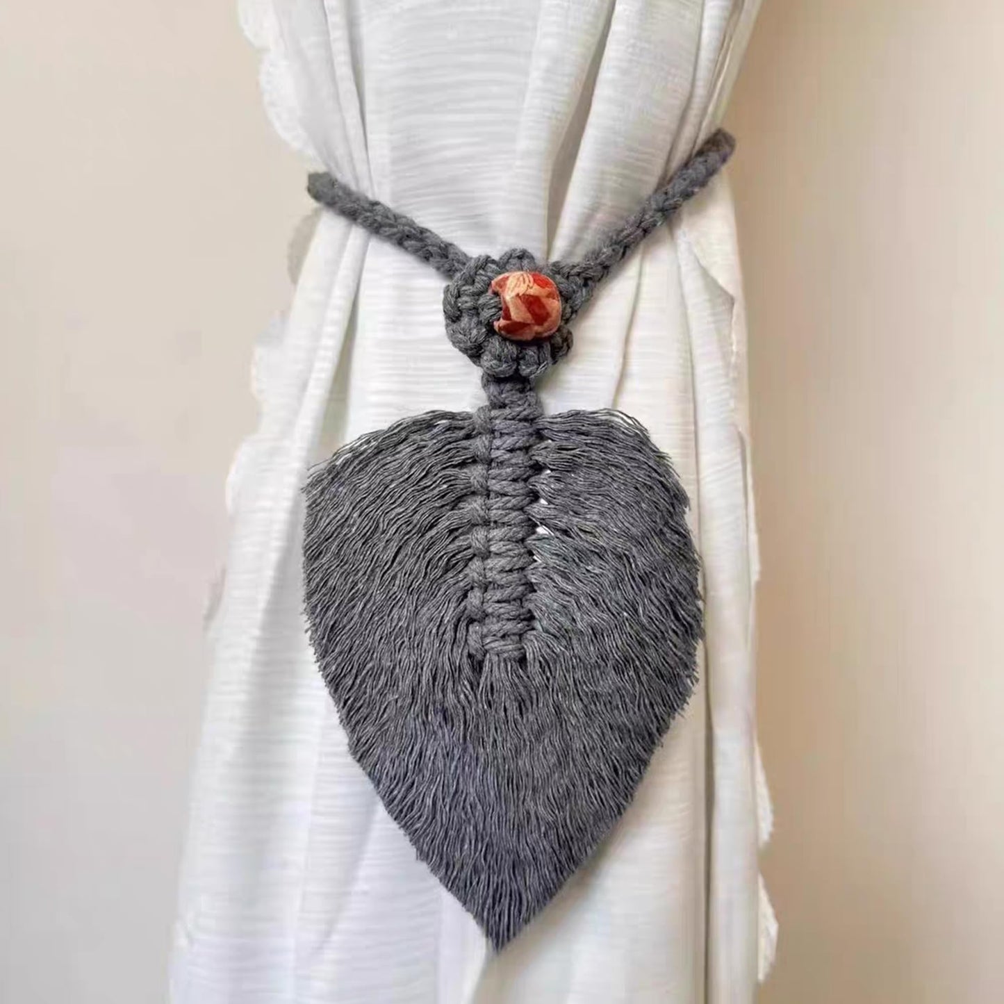 2 Pack Boho Curtain Tiebacks, Handmade Cotton Rope Curtain Holdbacks with Natural Wooden Beads, Adjustable No Drill Drapery Ties for Farmhouse Living Room Bedroom Decor (Grey)