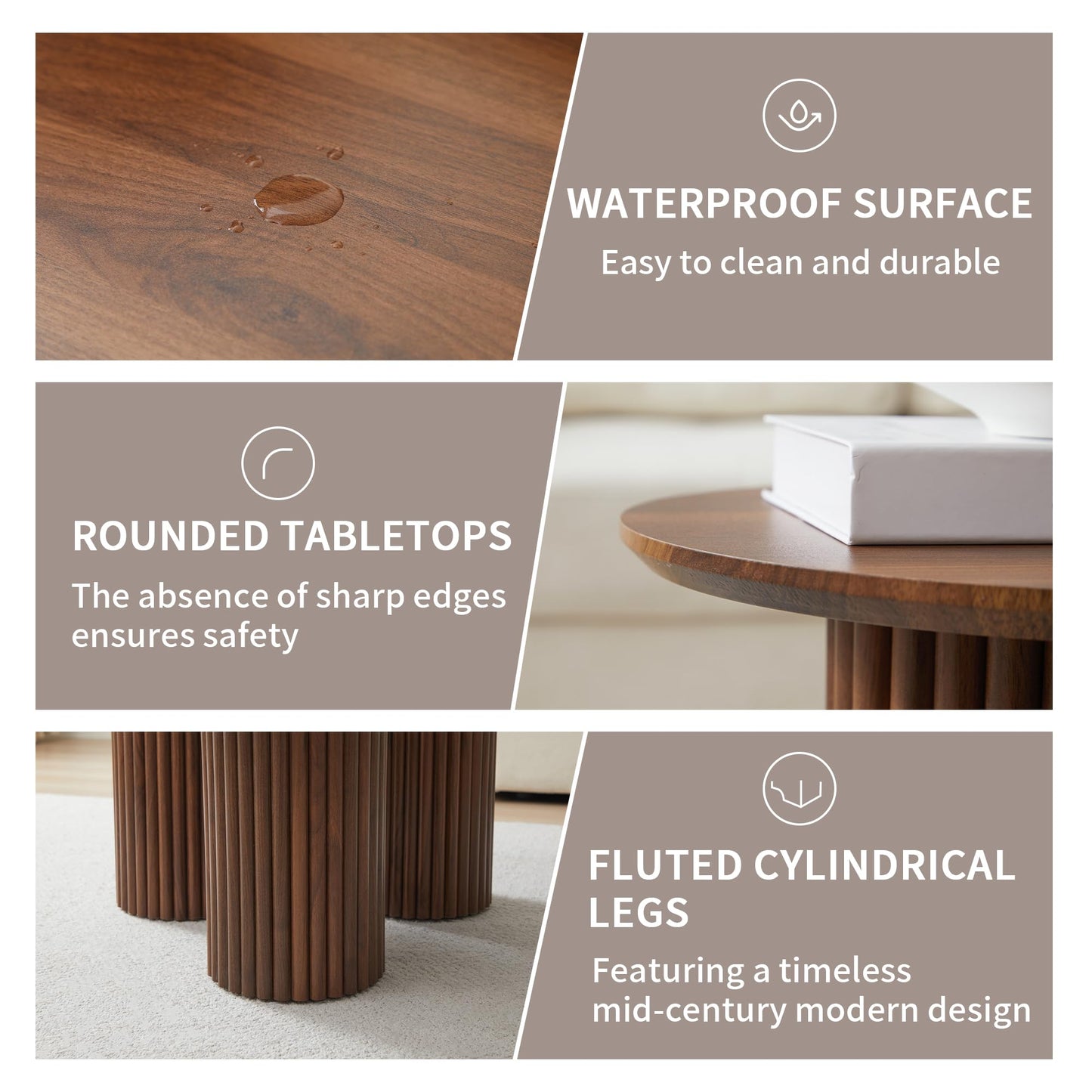 Bifins Round Nesting Coffee Table Set of 3,Mid Century Modern Fluted Coffee and End Table Set,Small Circle Wooden Side Table Drink Table for Living Room (Walnut)
