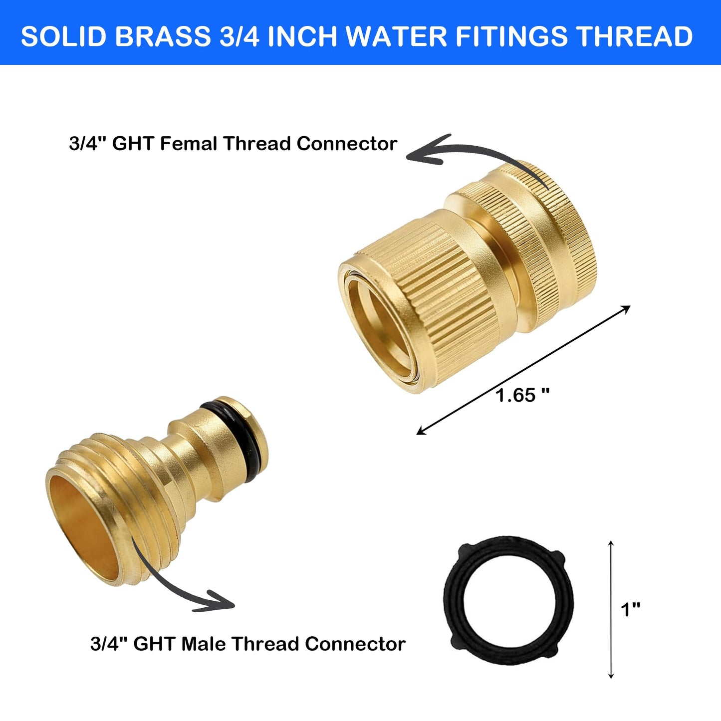 Hourleey Garden Hose Quick Connector, Solid Brass 3/4 Inch GHT Thread Garden Quick Connect Kit, Male and Female No-Leak Water Hose Fittings (4 Set)