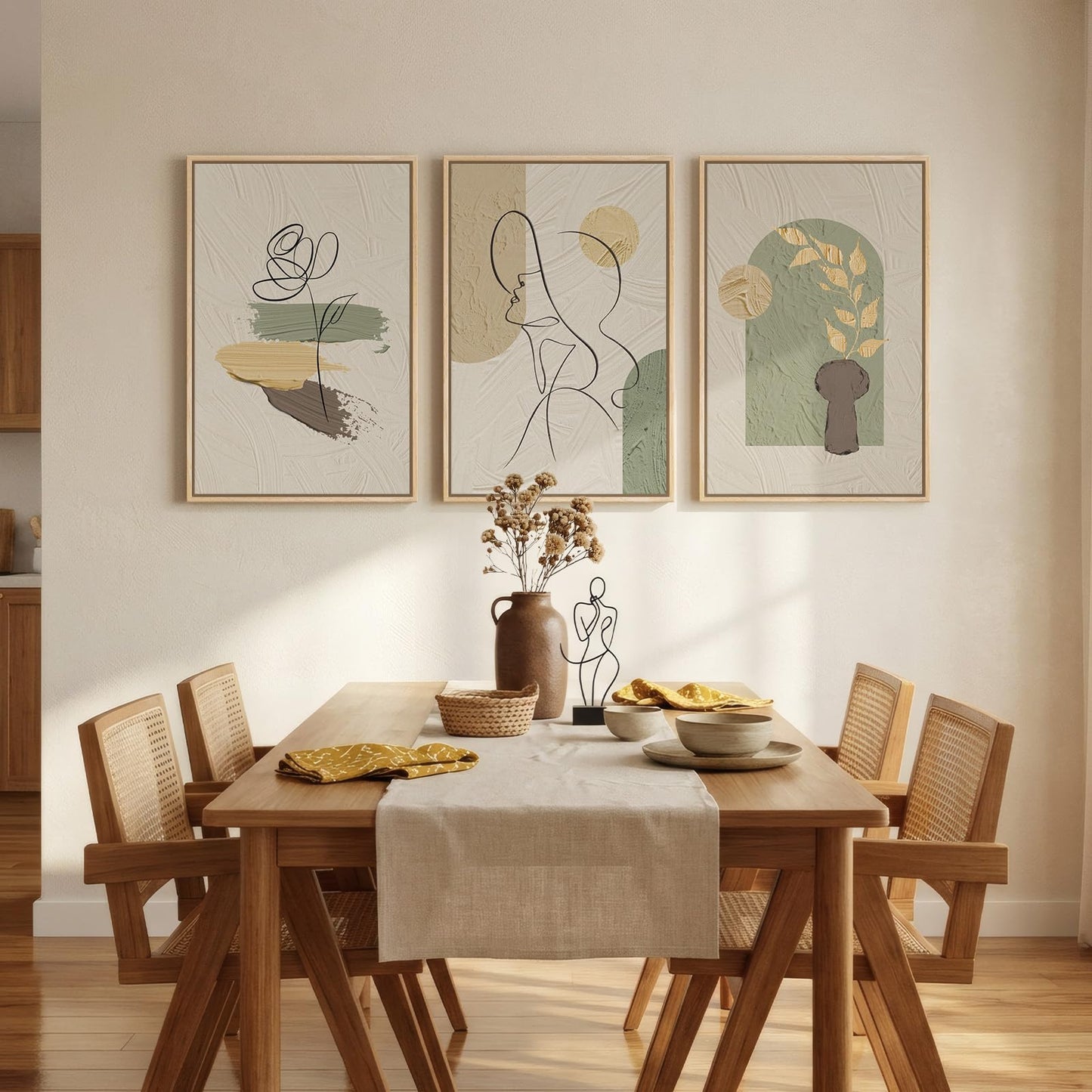 Framed Abstract Boho Wall Art for Bedroom, Set of 3 Large Neutral Canvas Prints Paintings, Modern Minimalist Line Face Botanical Picture Artwork Decor for Living Room Hallway 16x24 Inch
